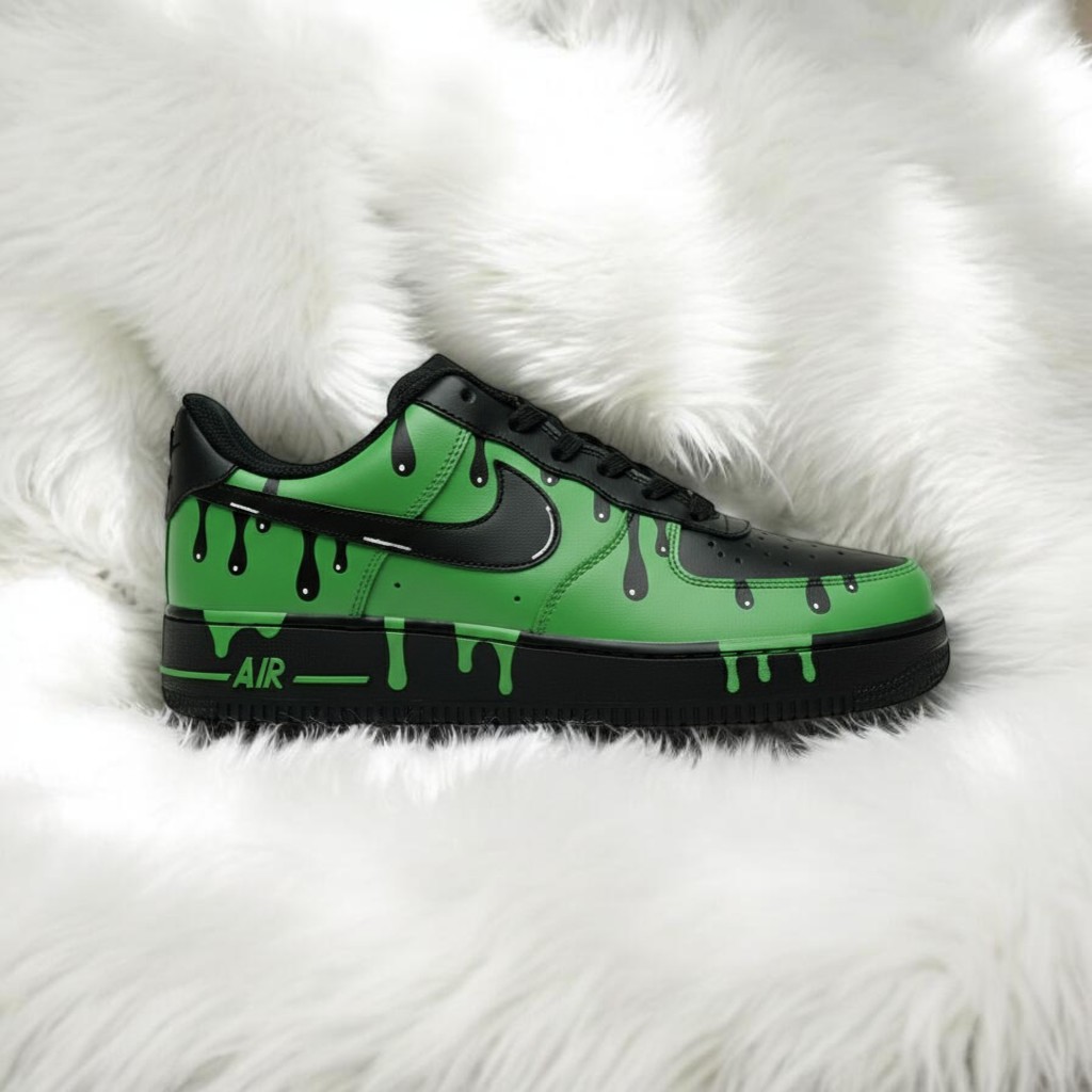 Black Green Drip Custom Air Force 1 Sneakers, Hand Painted Black Green Drip AF1 Shoes, Personalized Black AF1 Shoes - gallery image 2