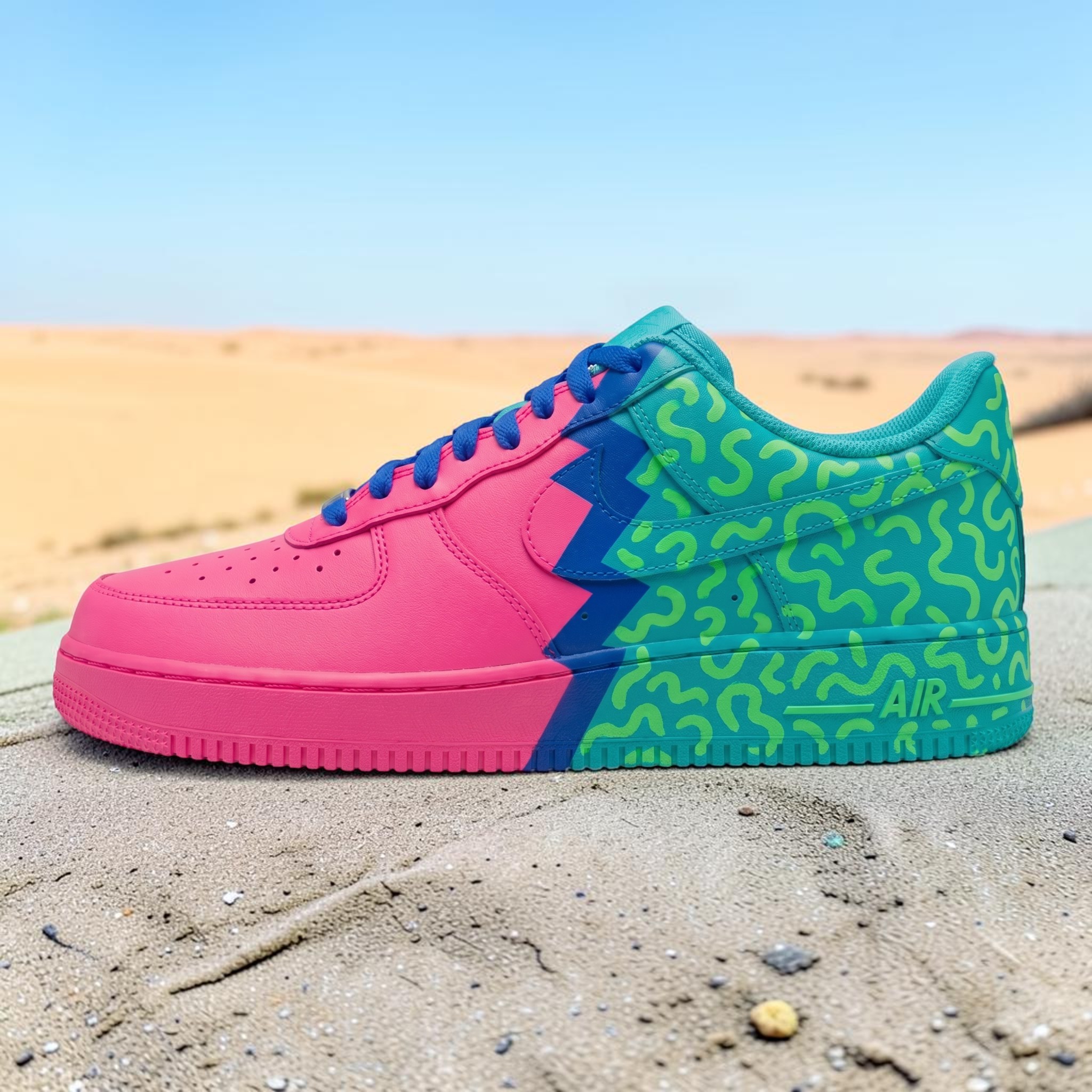 Custom Pink and Teal Gradient AF1 Sneakers, Hand-Painted Doodle Sneakers, Streetwear Shoes, Unique Split-Color Custom AF1 Design. - gallery image 4