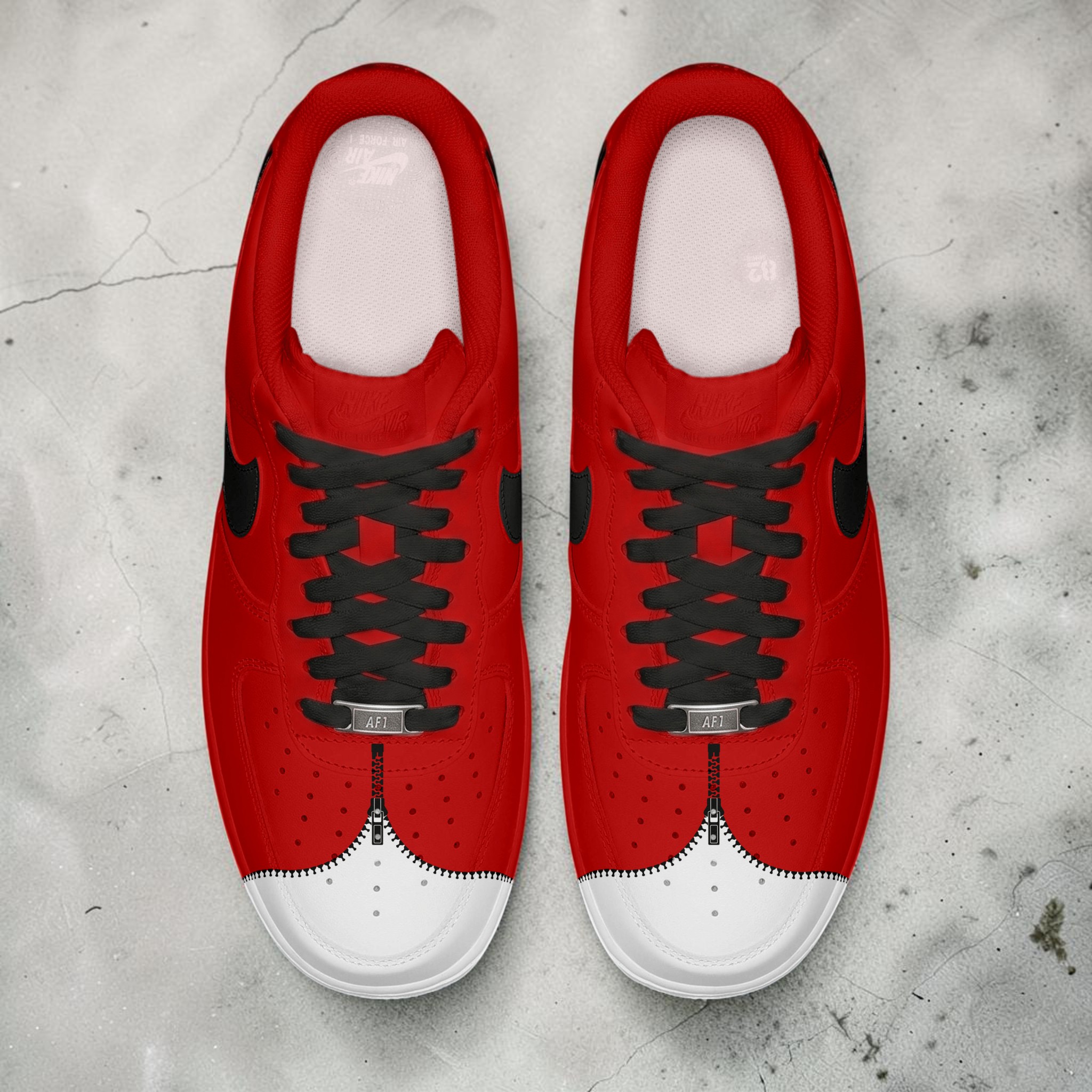 Custom Red Zipper AF1 Sneakers, Hand Painted Red with Zipper Sneakers, Streetwear Art Shoes, Personalized Red Black and White Sneakers. - thumbnail