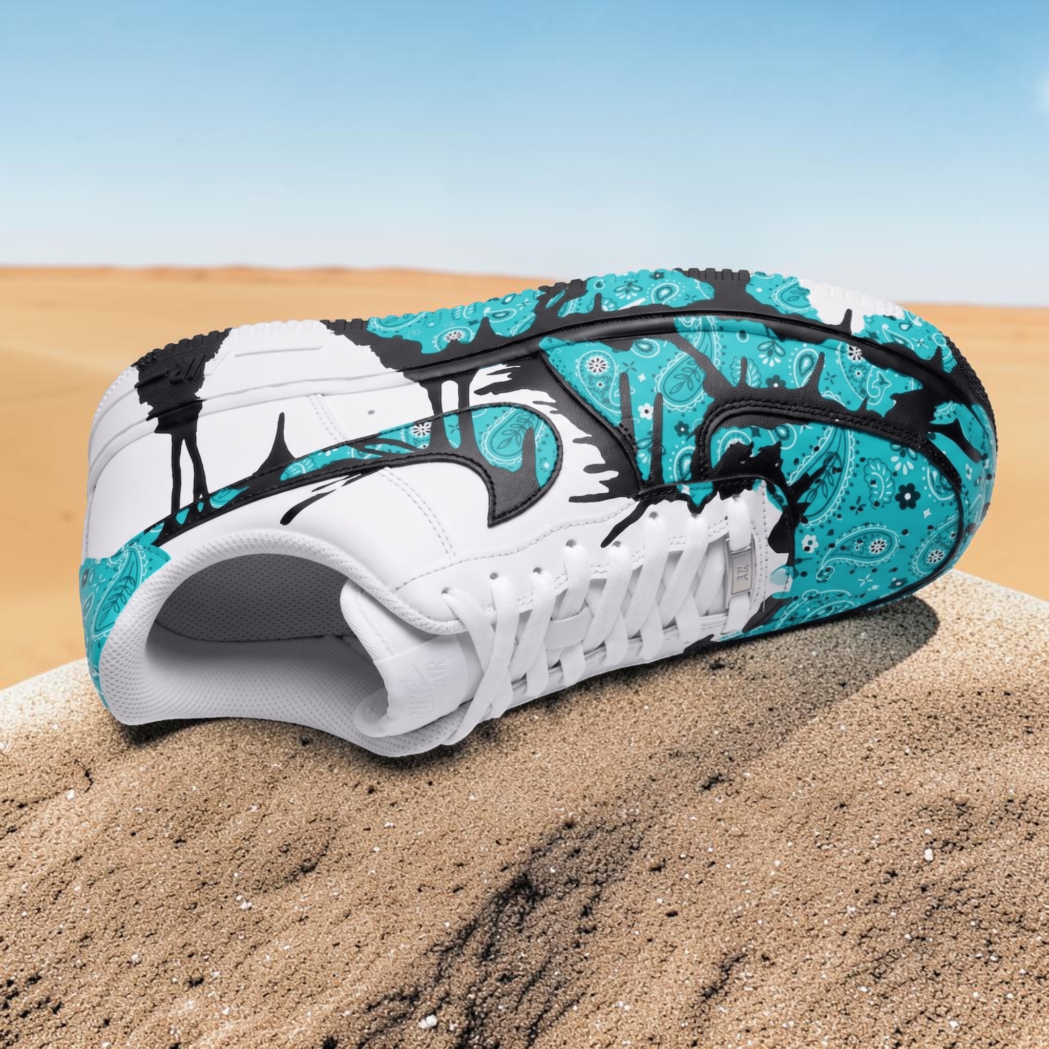 Hand Painted Turquoise Bandana and Black Splatter AF1 Sneakers, Custom Street White Sneakers, Unique Gift for Him and Her. - gallery image 2