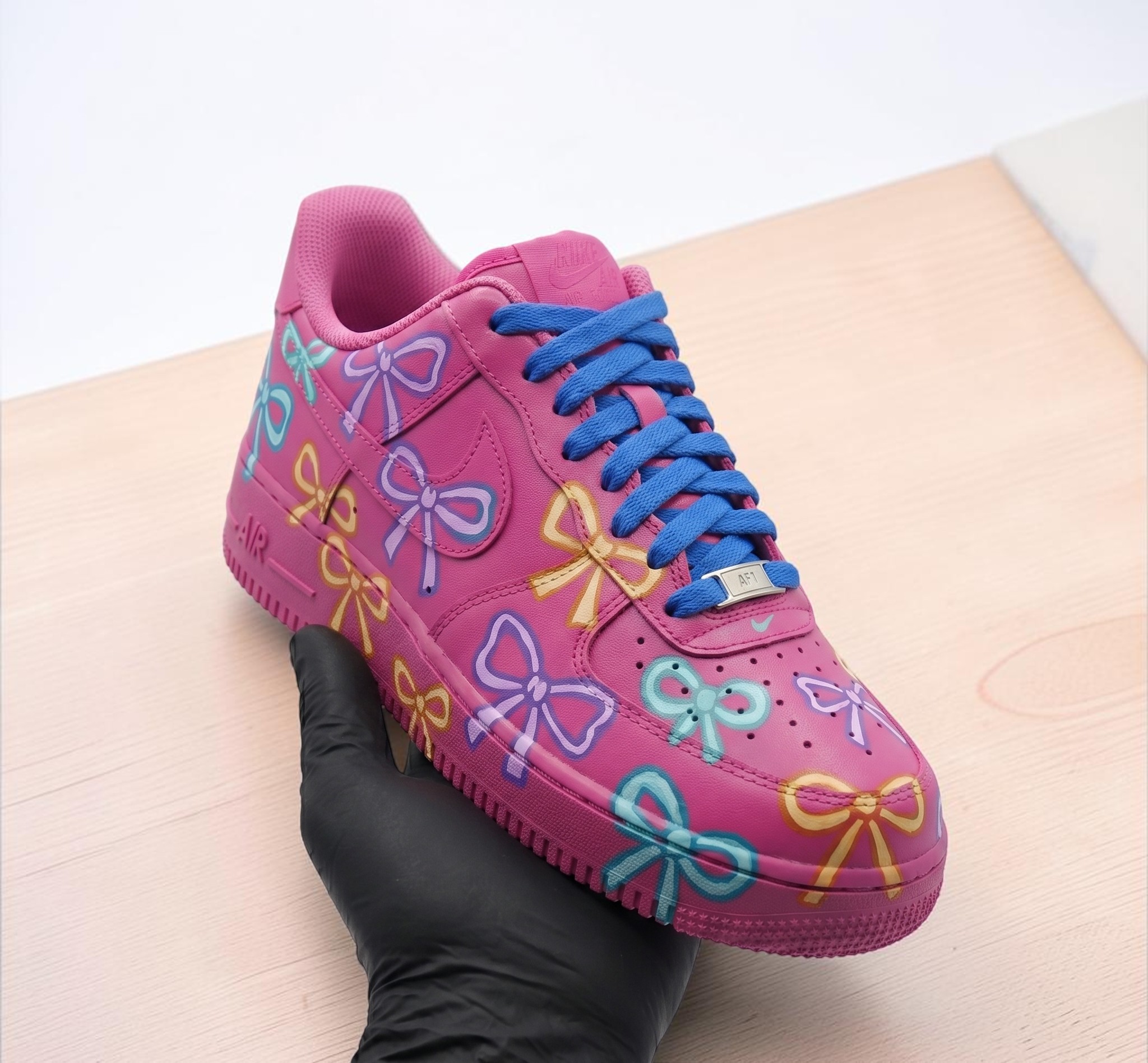 Hand Painted Cute Bow Pink AF1 Sneakers, Custom Coloful Bow Shoes, Pastel Bows AF1 Sneakers, Gift for Women and Teens. - gallery image 2