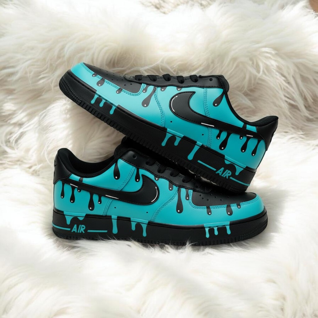 Black Turquoise Drip Custom Air Force 1 Sneakers, Hand Painted Black Turquoise Drip AF1 Shoes, Personalized Black AF1 Shoes - gallery image 4