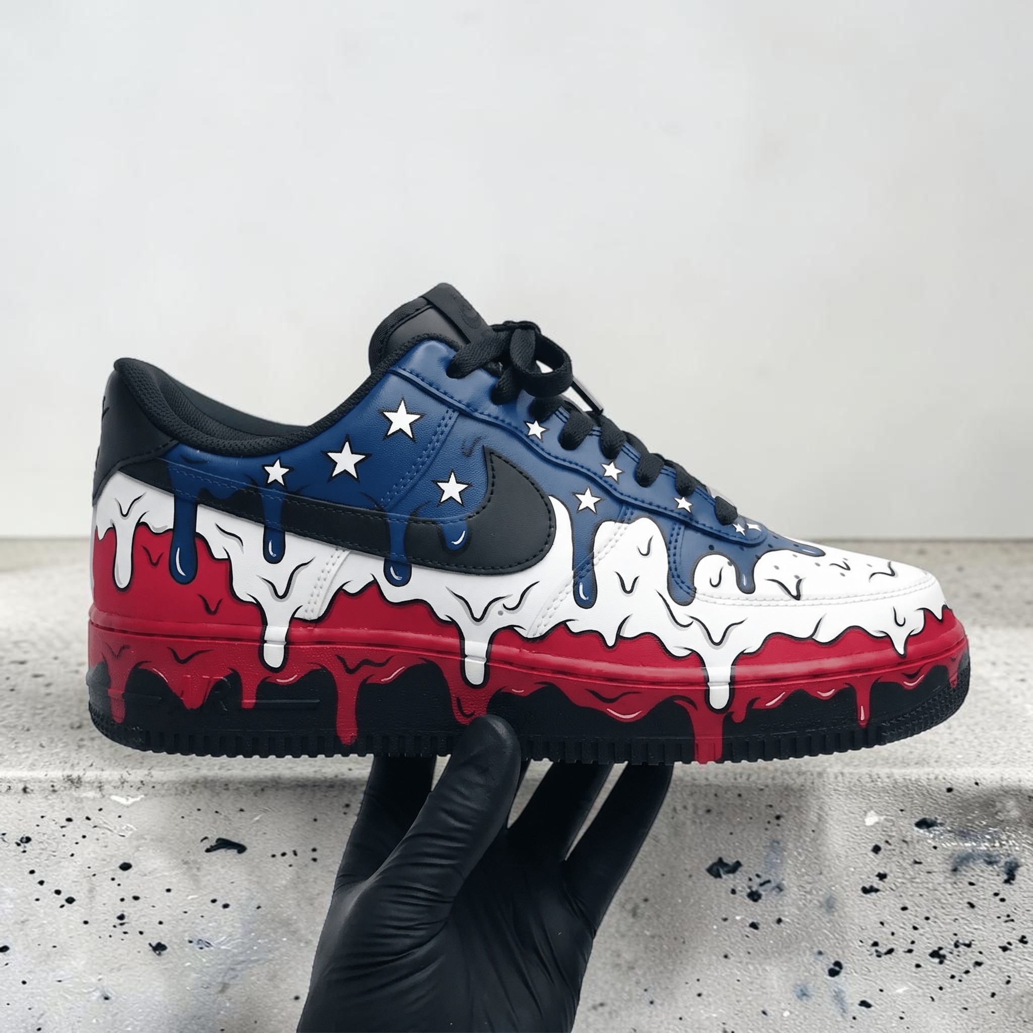 Custom USA Drip Sneakers, Hand-Painted American Flag Design Shoes, Personalized Sneakers for Patriot Lovers, Red White Blue Drip Art - thumbnail