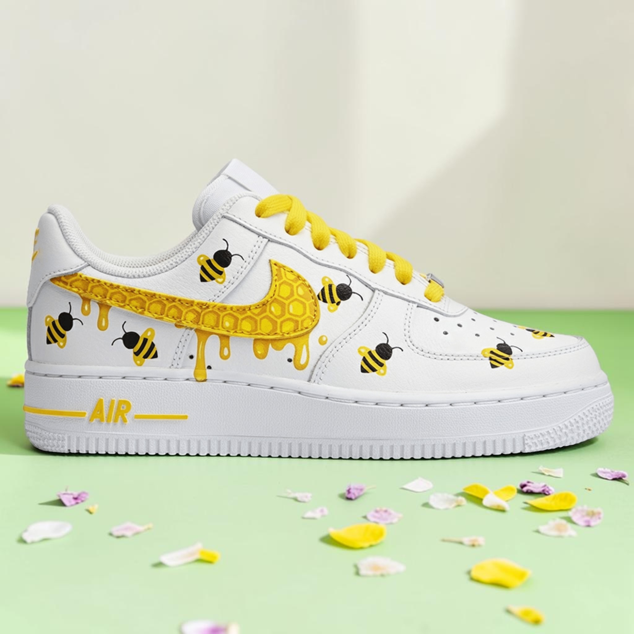 Custom Honey Bee Drip AF1 Sneakers, Hand Painted Bee Sneakers, Drip Paint Honeycomb Shoes, Unique Yellow & White AF1 Shoes - thumbnail