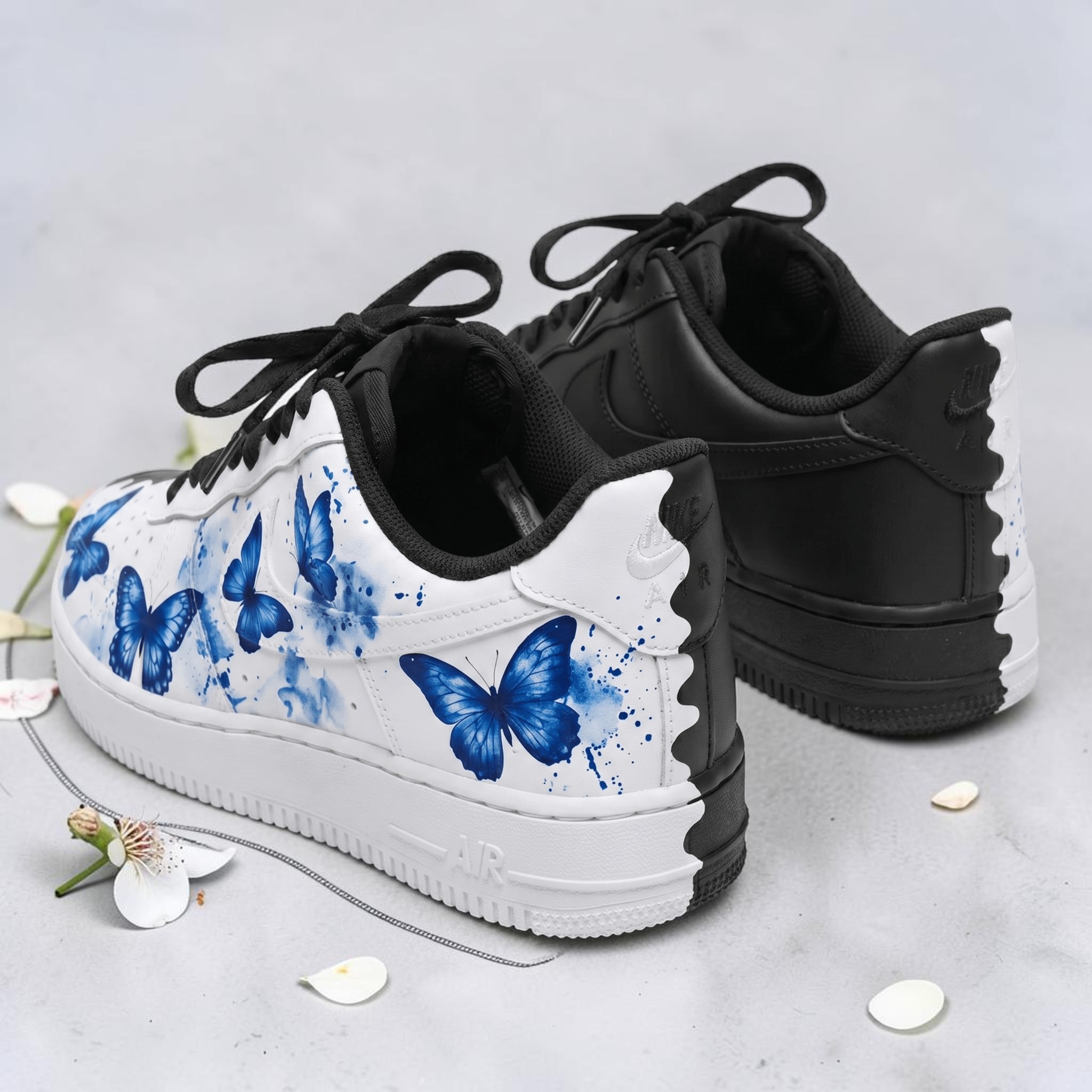 Custom Blue Butterfly AF1 Sneakers, Hand Painted Black and White Dual Tone Shoes, Unique Gift for Women and Teens. - gallery image 2