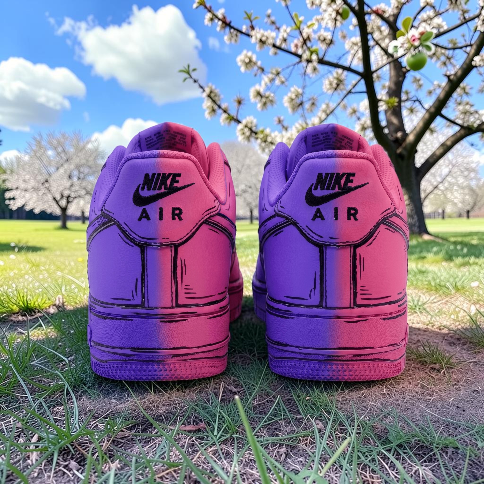Purple and Pink Custom AF1 Sneakers, Cartoon Style Shoes, Hand Painted Half-Half Purple Pink, 2D Art Sneakers, Unique Gift for Him Her. - gallery image 2