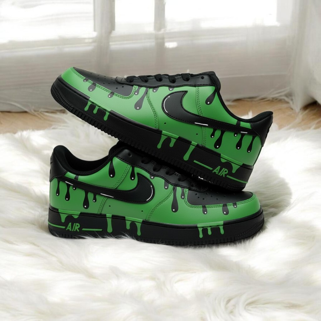 Black Green Drip Custom Air Force 1 Sneakers, Hand Painted Black Green Drip AF1 Shoes, Personalized Black AF1 Shoes - gallery image 3