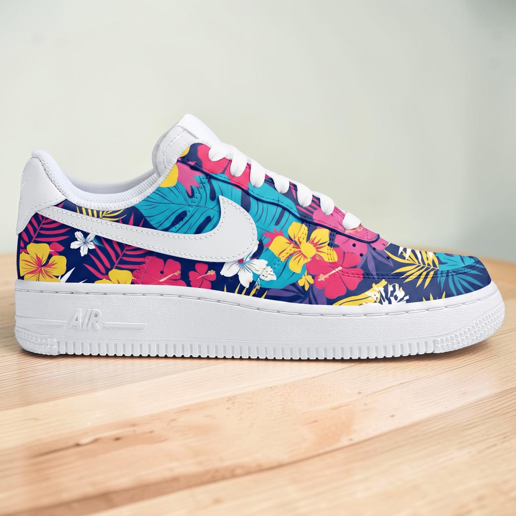 Custom Tropical Floral AF1 Sneakers, Hand-Painted White Hawaiian Hibiscus Shoes, Dark Blue Tropical Leaf Shoes. - thumbnail