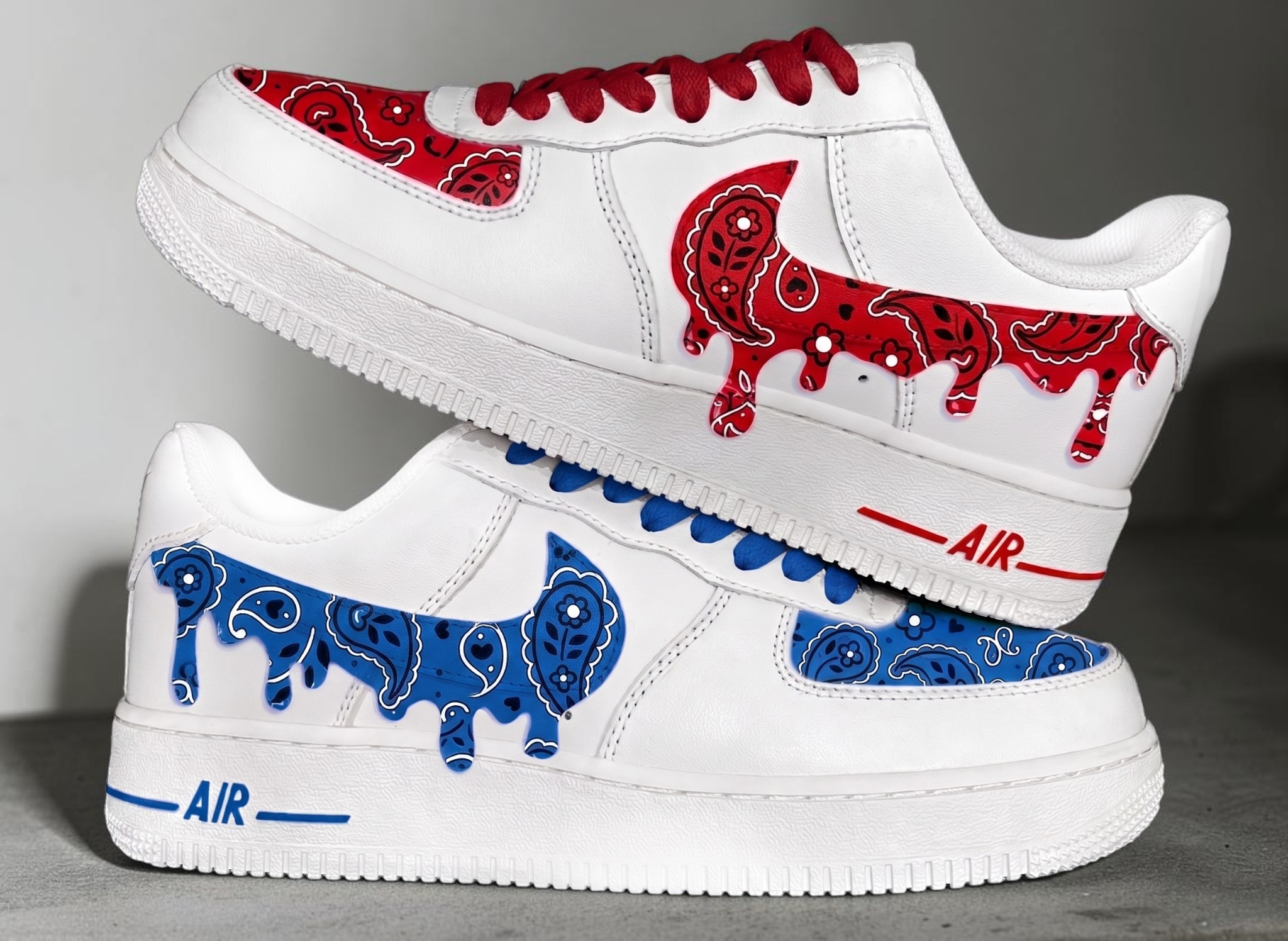 Custom Red and Blue Bandana AF1 Sneakers, Hand Painted Drip Effect Paisley Shoes, Unique White AF1 Sneakers Design, Gifts for Him and Her. - thumbnail