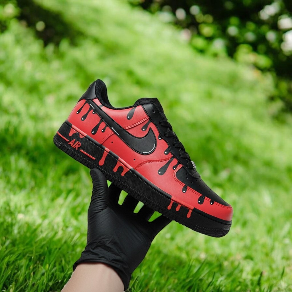 Black Red Drip Custom Air Force 1 Sneakers, Hand Painted Black Red Drip AF1 Shoes, Personalized Black AF1 Shoes - gallery image 1