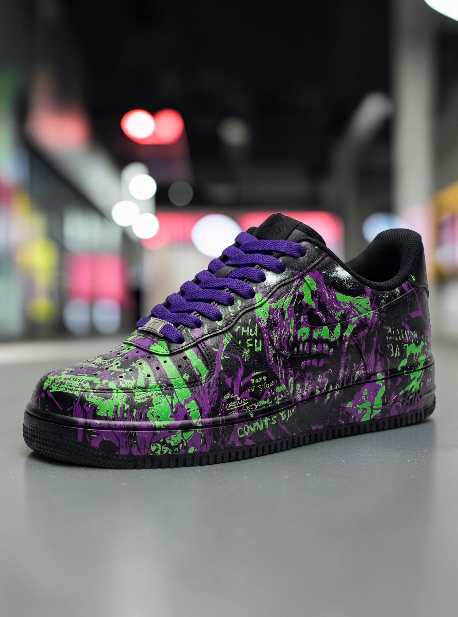 Custom Graffiti Purple and Green AF1 Sneakers, Black Splatter Shoes, Unique Dark Aesthetic Streetwear Sneaker. - gallery image 2