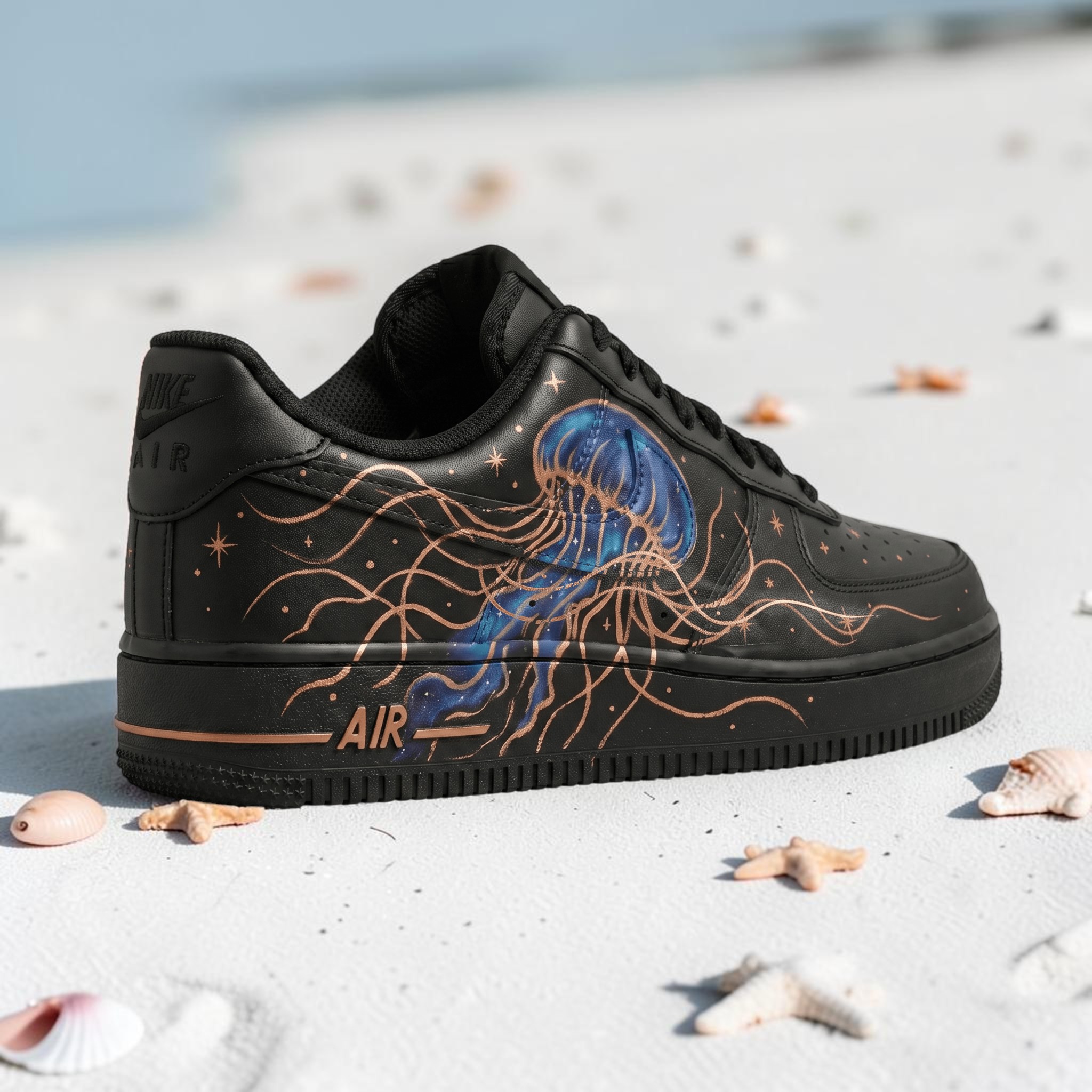 Custom Jellyfish AF1 Sneakers, Hand-Painted Ocean Blue and Gold Shoes, Custom Effect on Black AF1 Sneakers, Unique Gift for Him Her. - gallery image 1