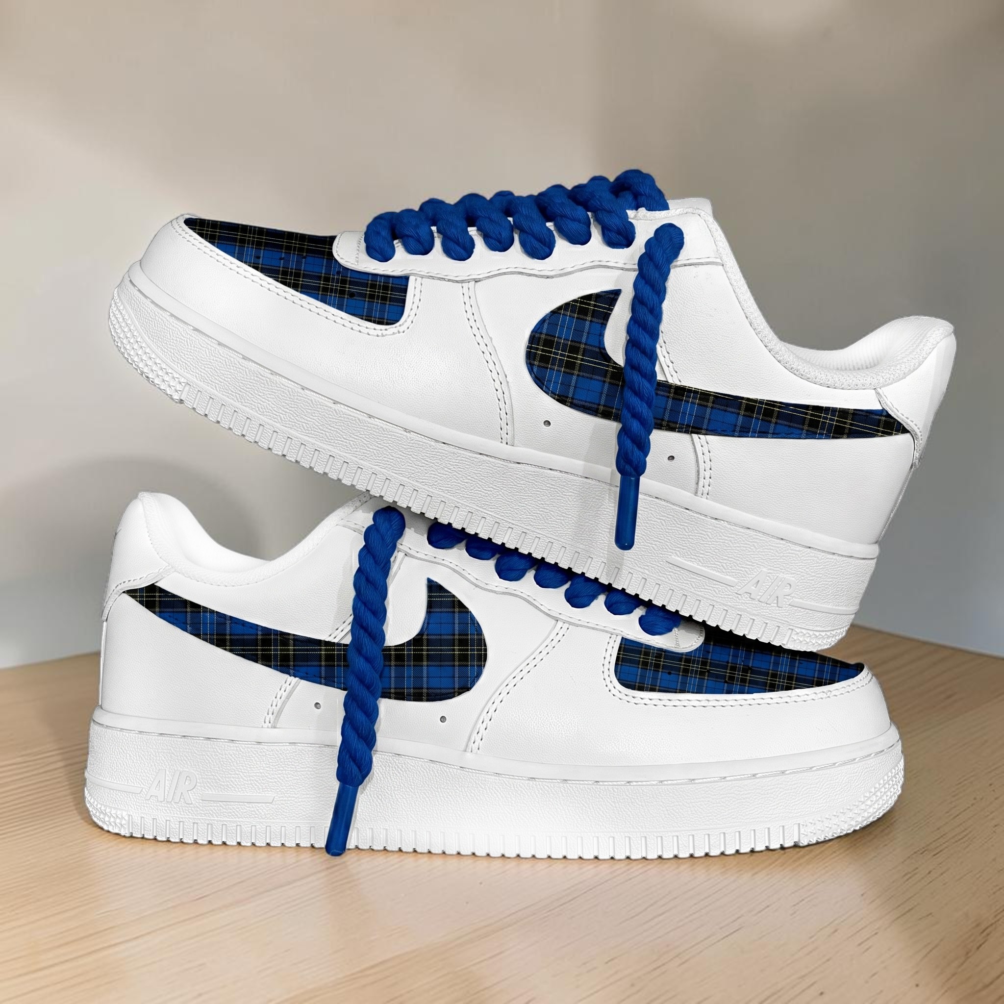 Custom Blue Plaid Sneakers, Royal Blue White Shoes, Hand-Painted Tartan Pattern Footwear, Unique Preppy Style Shoes. - gallery image 1