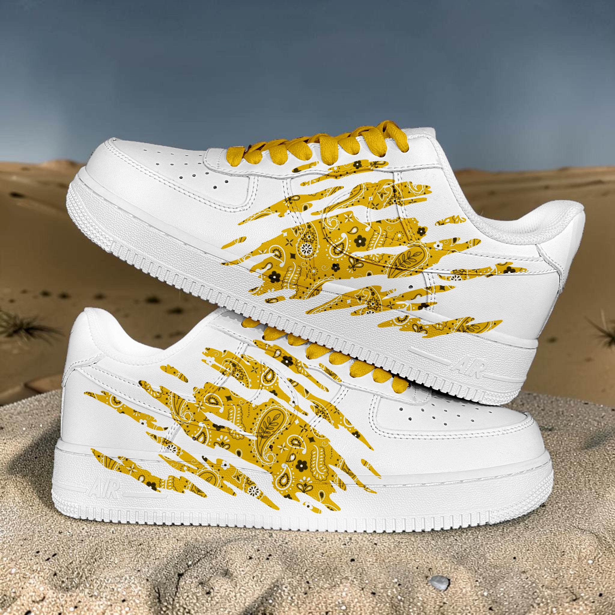 Custom Bandana Yellow AF1, Hand Painted Yellow Scratch Shoes, Bandana Scratch White AF1 Sneakers, Unique Gift for Him Her. - gallery image 2
