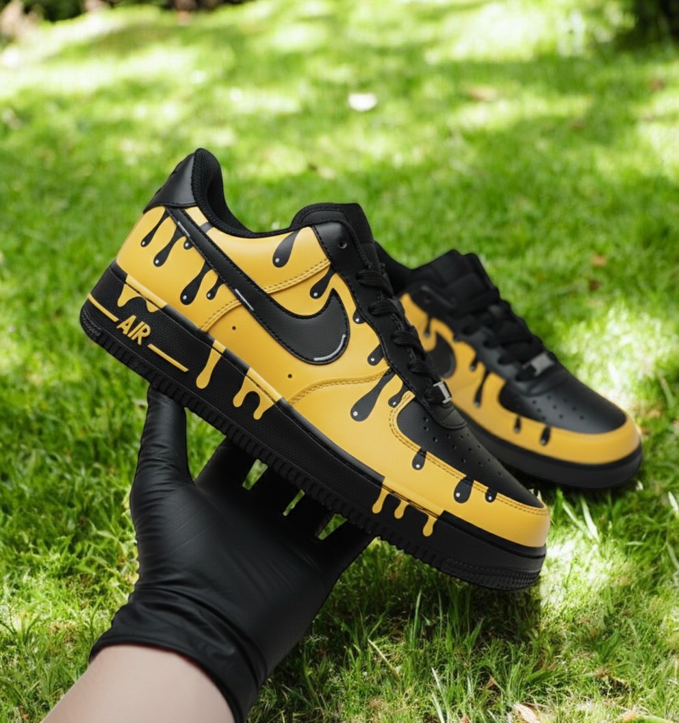 Black Yellow Drip Custom Air Force 1 Sneakers, Hand Painted Black Yellow Drip AF1 Shoes, Personalized Black AF1 Shoes - gallery image 1