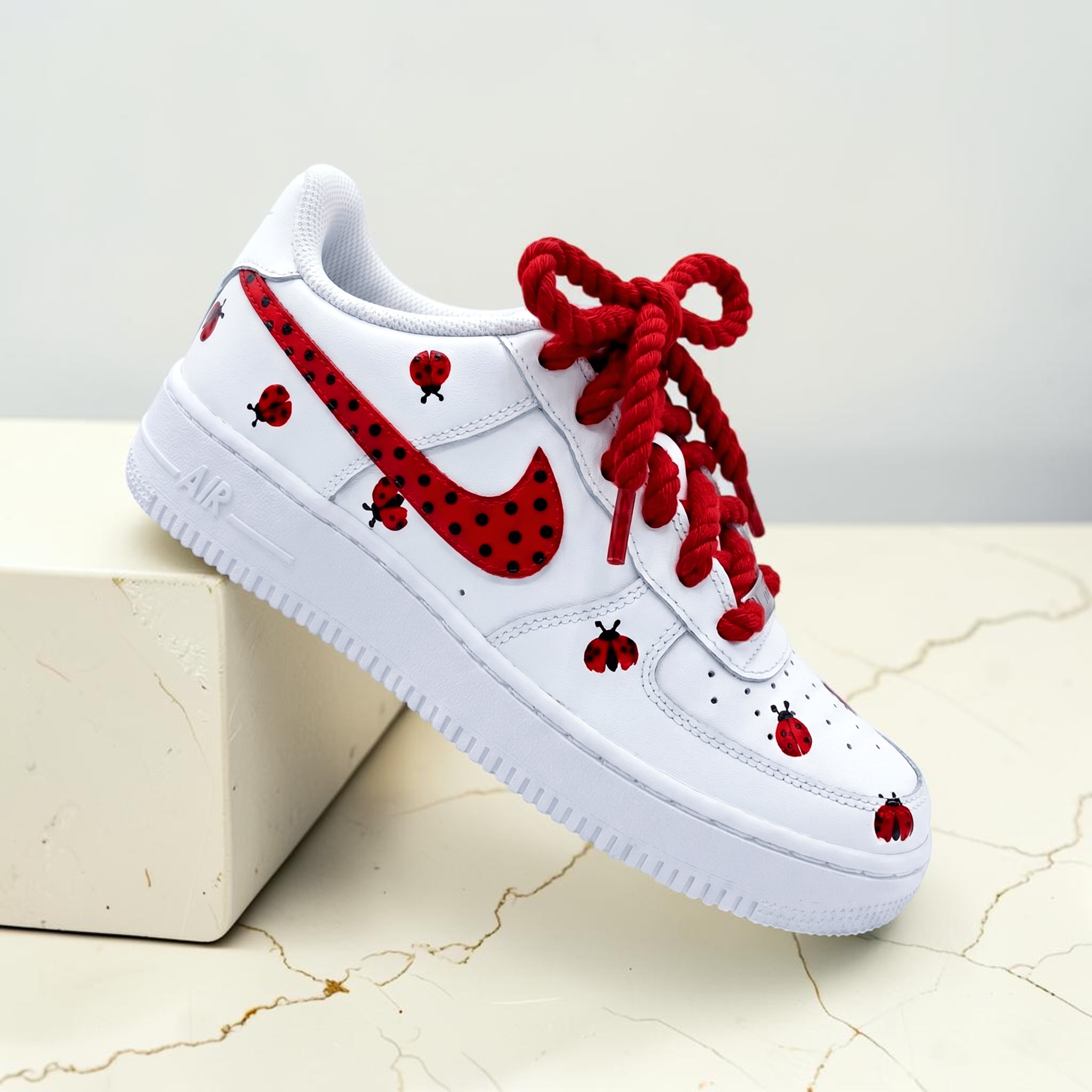 Custom Ladybug AF1 Sneakers, Hand Painted Red Polka Dot Sneakers, Custom Red Drip AF1, Unique Animal Shoes, Gift for Her Him. - thumbnail
