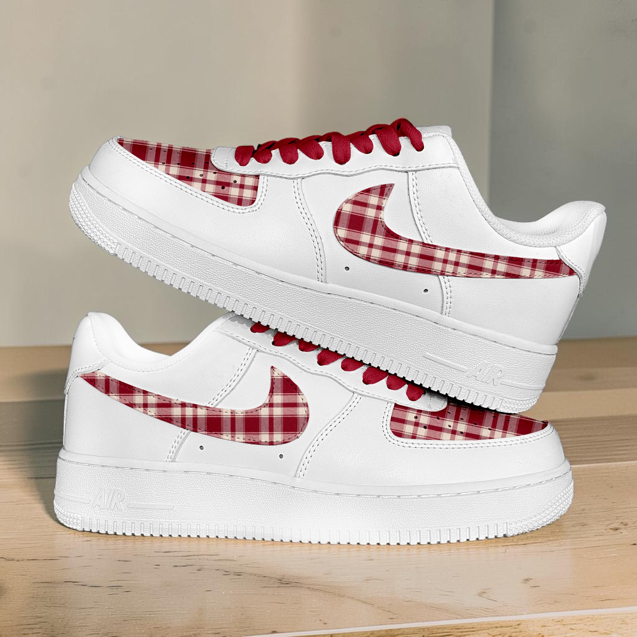 Custom Red Plaid Sneakers, Hand Painted Checkered Shoes, Vintage Aesthetic Sneakers, Unique Christmas Gift for Him/Her. - thumbnail