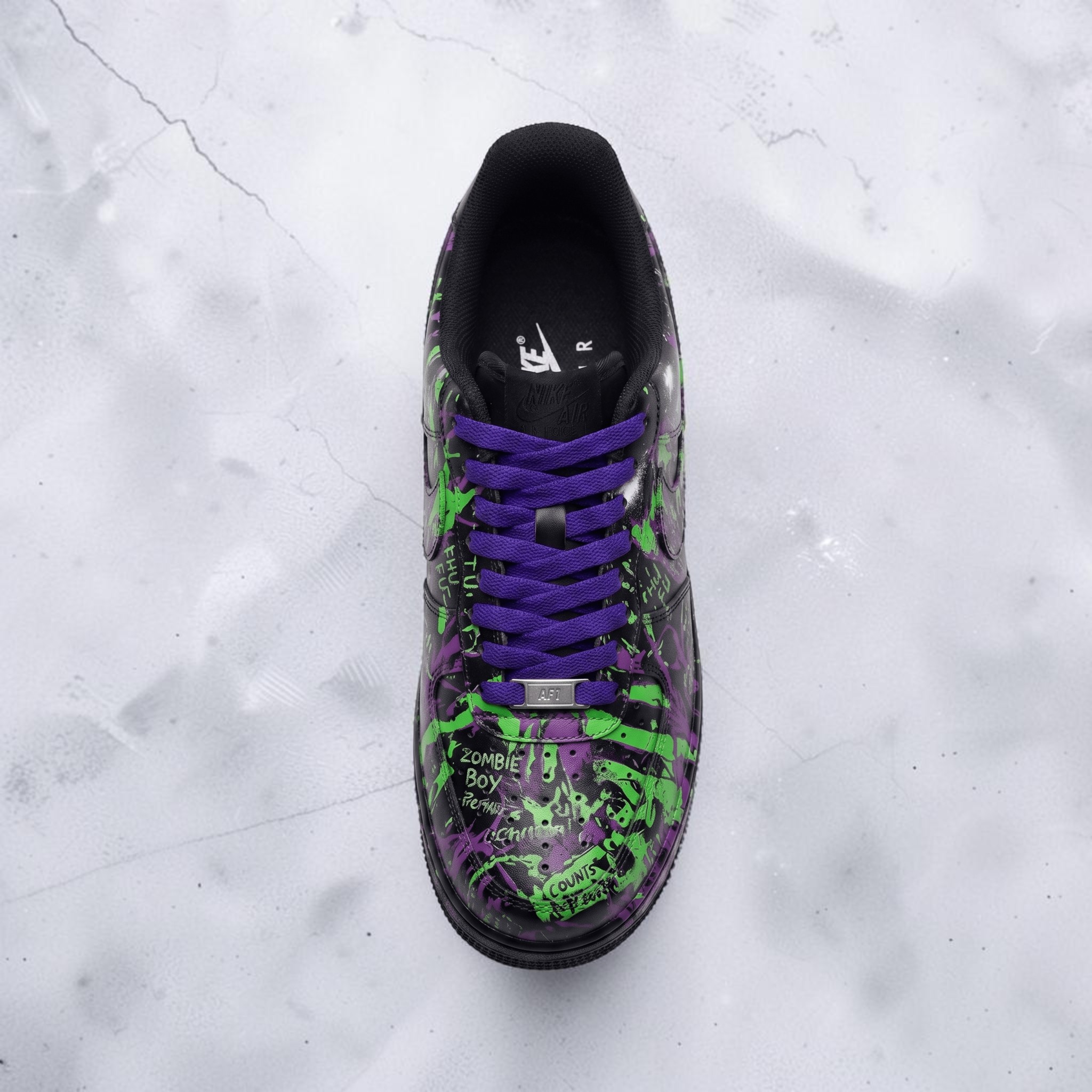 Custom Graffiti Purple and Green AF1 Sneakers, Black Splatter Shoes, Unique Dark Aesthetic Streetwear Sneaker. - gallery image 3