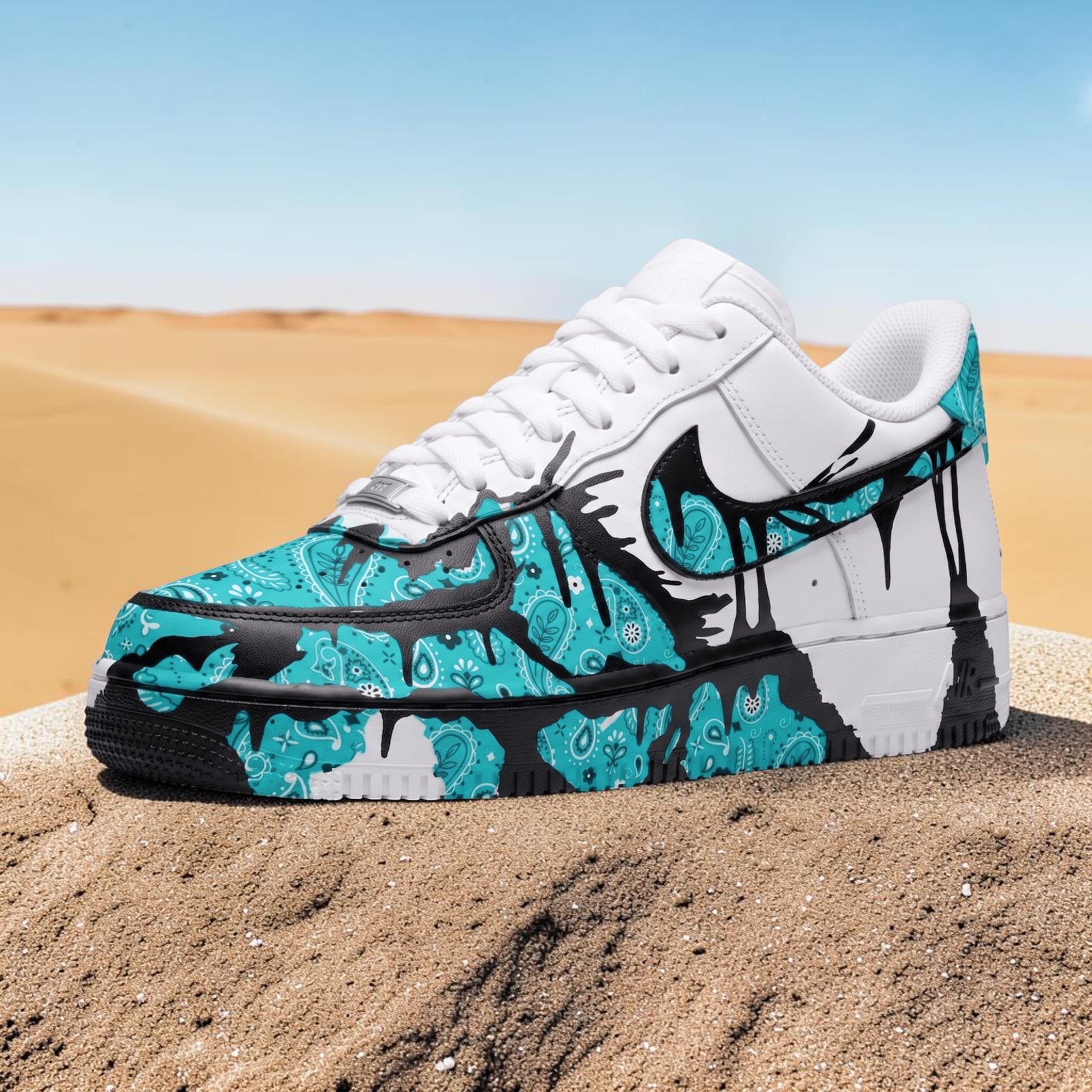 Hand Painted Turquoise Bandana and Black Splatter AF1 Sneakers, Custom Street White Sneakers, Unique Gift for Him and Her. - gallery image 1