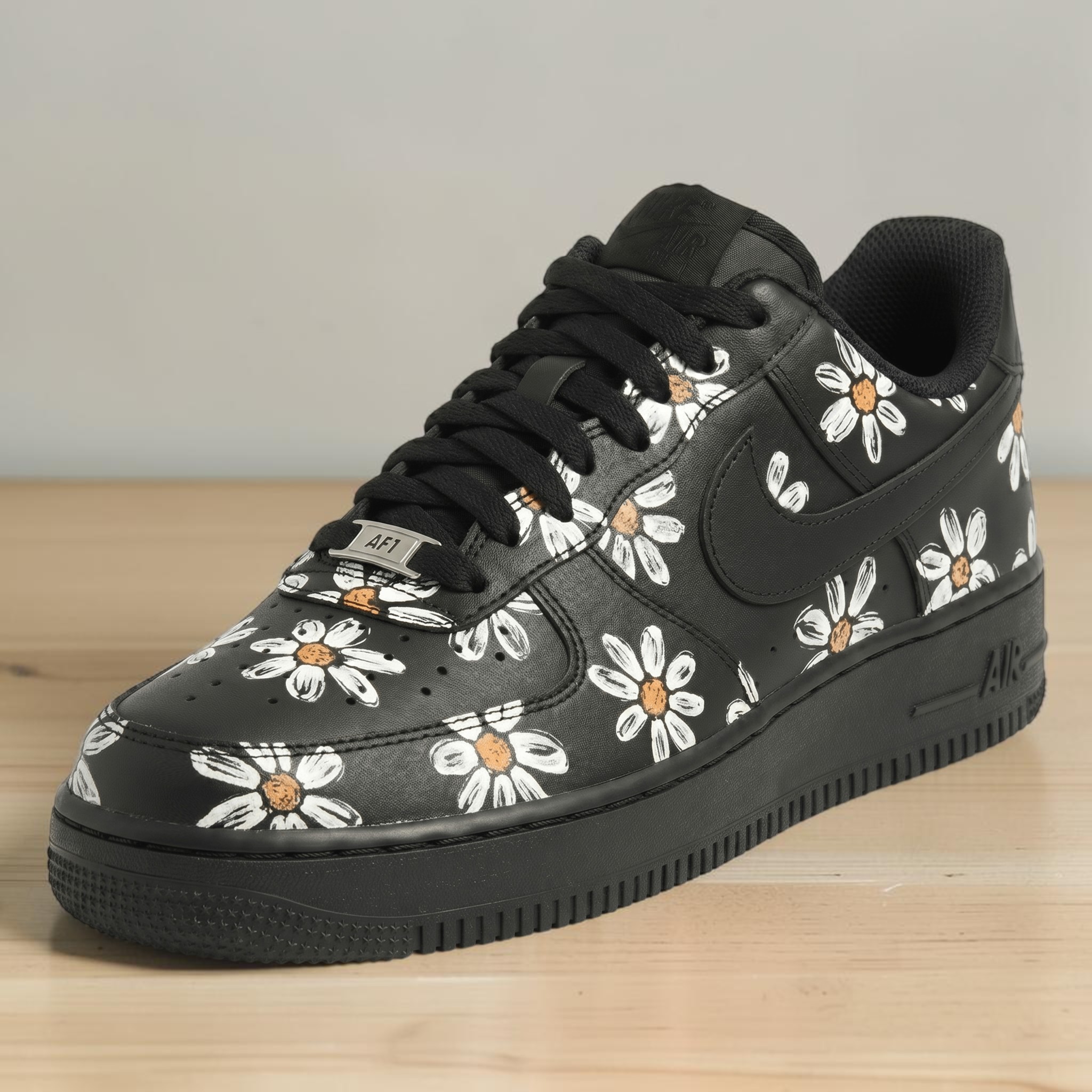 Custom Daisy AF1 Black Sneakers, Hand Painted Floral Sneakers, Black AF1 with White Daisies, Unique Flower Shoes, Gift for Men & Women - gallery image 2