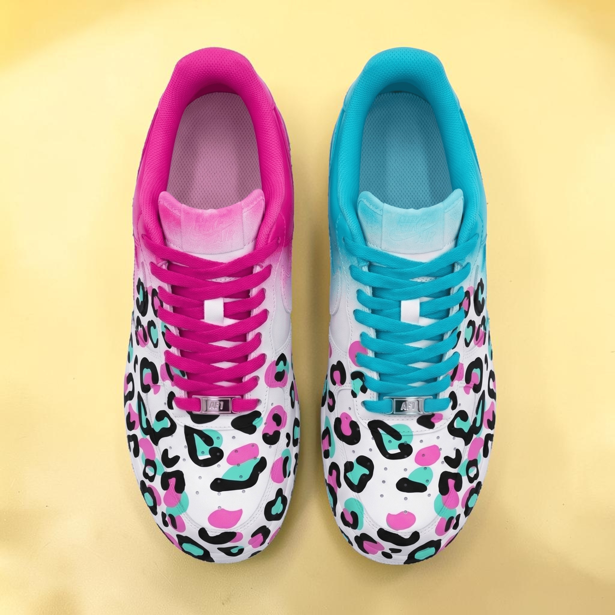 Custom Pink & Blue Leopard AF1 Sneakers, Hand Painted Pink and Blue Leopard Shoes, Streetwear Colorful Sneakers, Unique Gift for Him Her. - gallery image 2