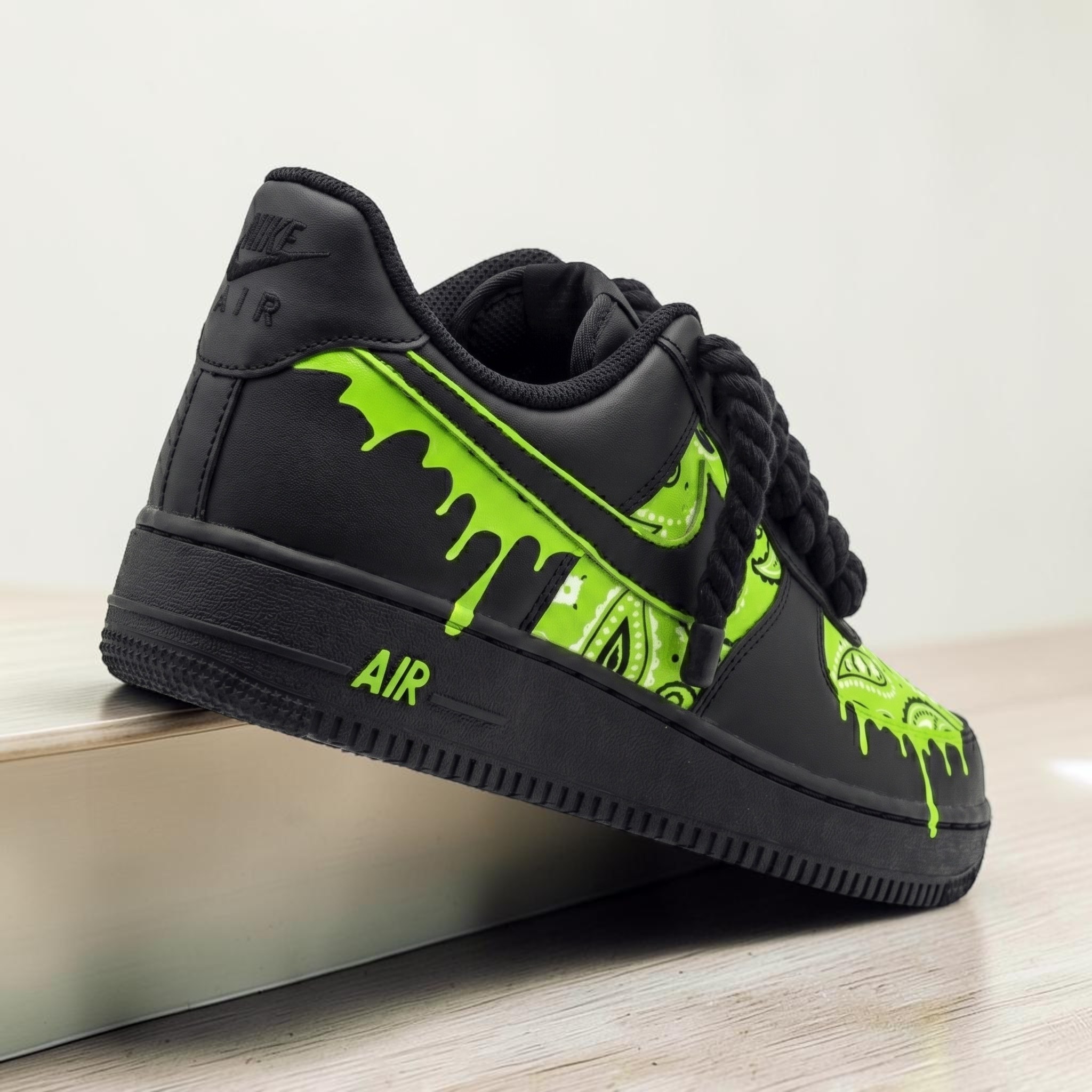 Hand-Painted Neon Green Bandana AF1 Sneakers, Custom Black and Green Drip Shoes, Paisley Custom AF1 Sneakers, Unique Urban Style Shoes. - gallery image 1