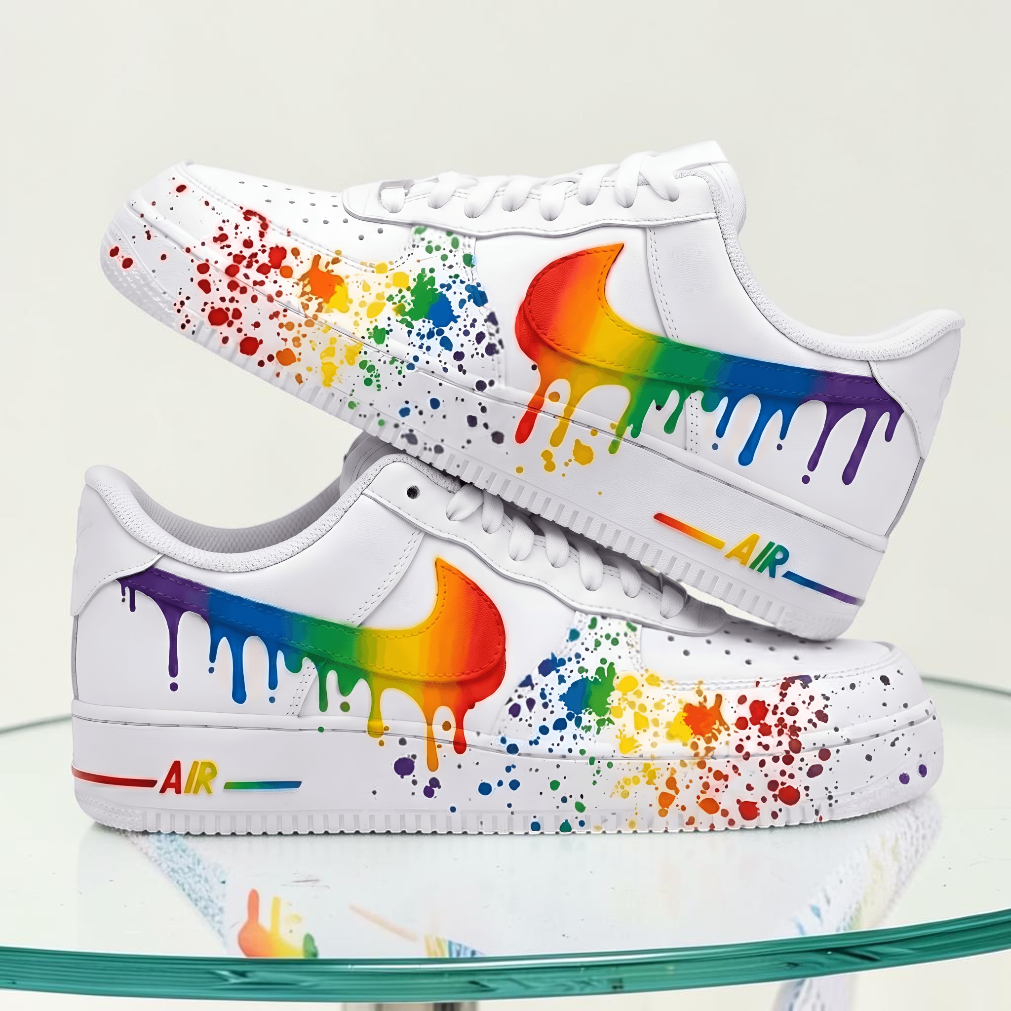Rainbow Paint Splatter Custom AF1 Sneakers, Hand Painted Colorful Drip Sneakers, Personalized Pride Month Footwear, Unique Gift for Him/Her. - thumbnail