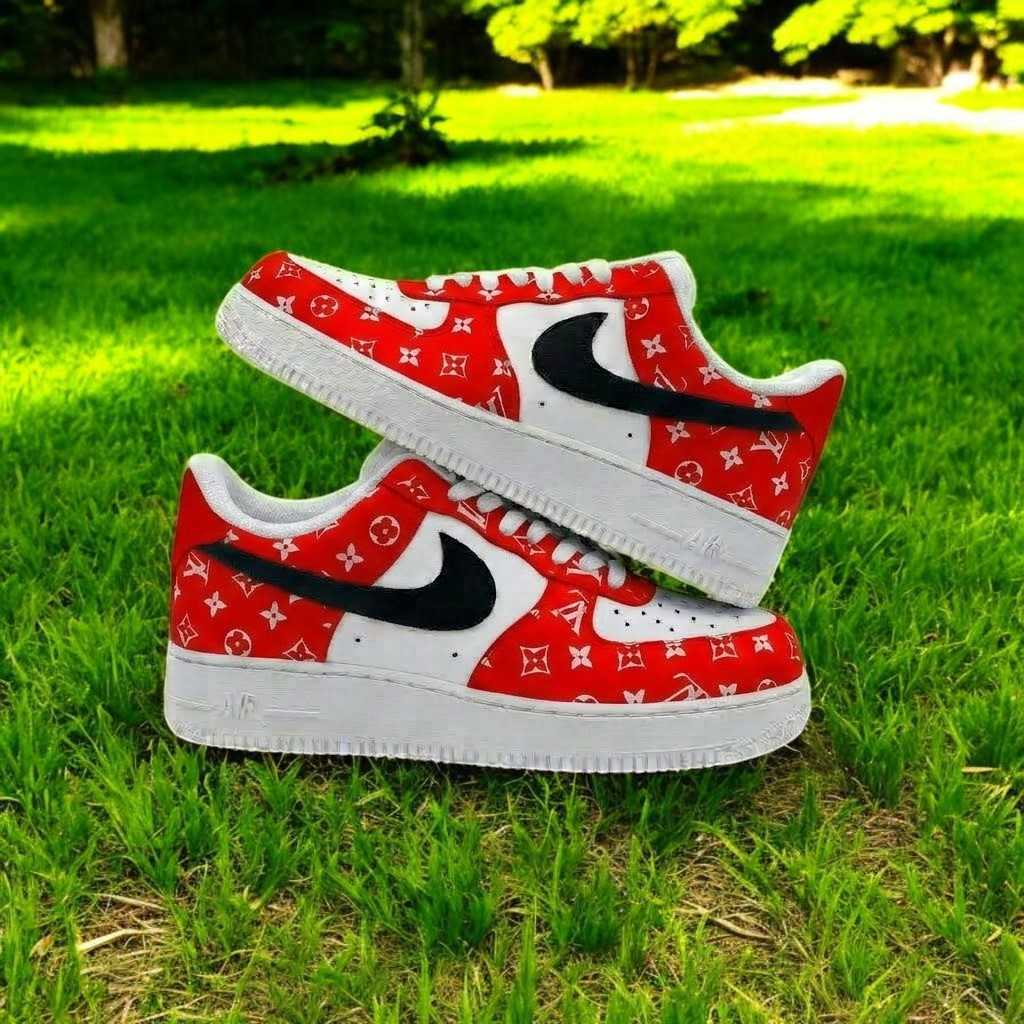 Custom Luxury Red Air Force 1, Hand-Painted Designer Style AF1 Shoes, Personalized Fashion Sneakers - thumbnail