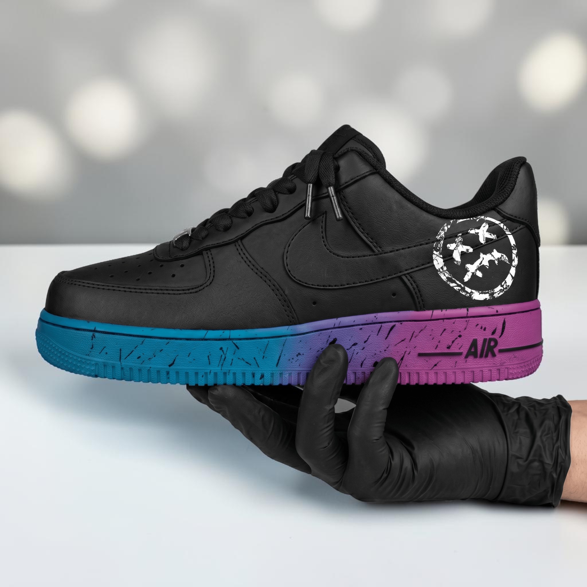 Custom Neon Blue and Pink AF1 Sneakers, Hand-Painted Splatter Black Shoes, Neon Paint Effect on Black AF1, Unique Streetwear Shoes. - gallery image 1
