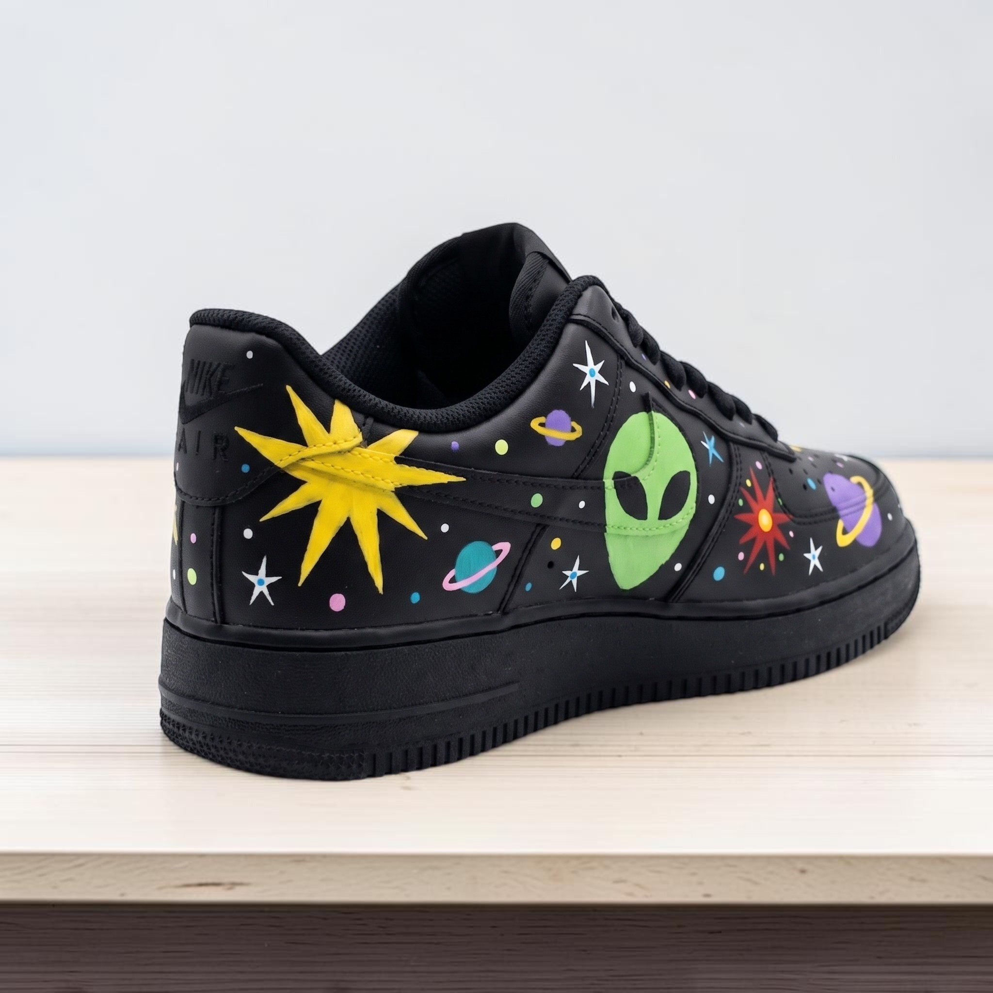 Hand Painted Alien Space AF1 Sneakers, Custom Cosmic Alien and Planets Black Shoes, UFO & Galaxy Custom AF1, Unique Black Sneakers Alien. - gallery image 1