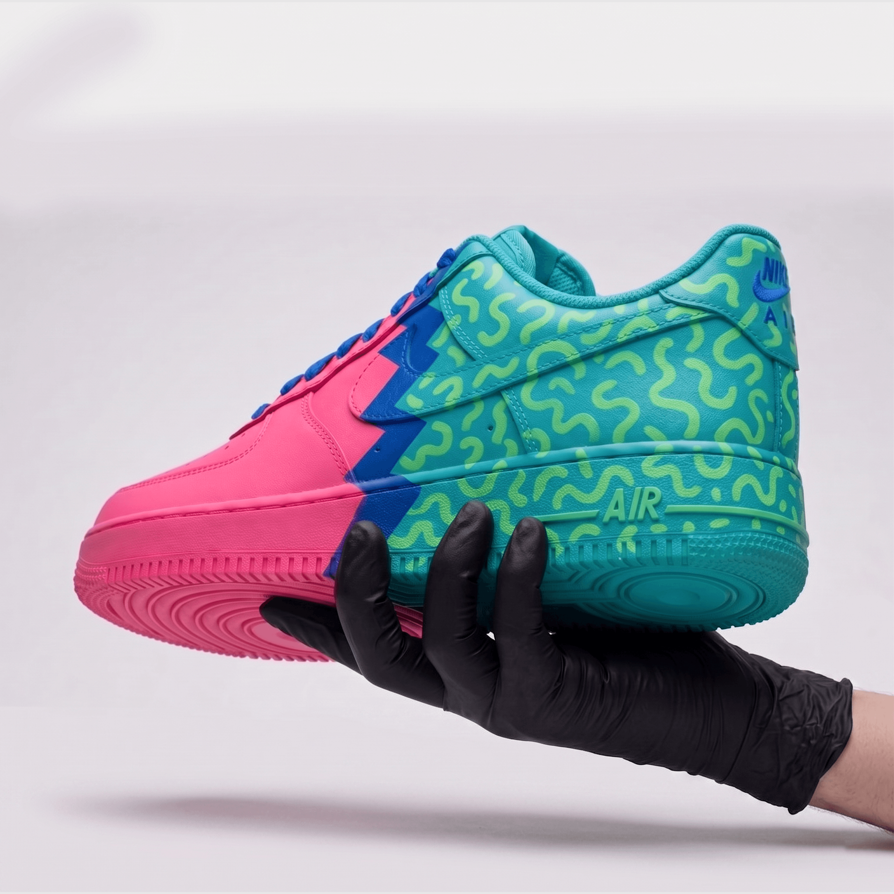 Custom Pink and Teal Gradient AF1 Sneakers, Hand-Painted Doodle Sneakers, Streetwear Shoes, Unique Split-Color Custom AF1 Design. - gallery image 3
