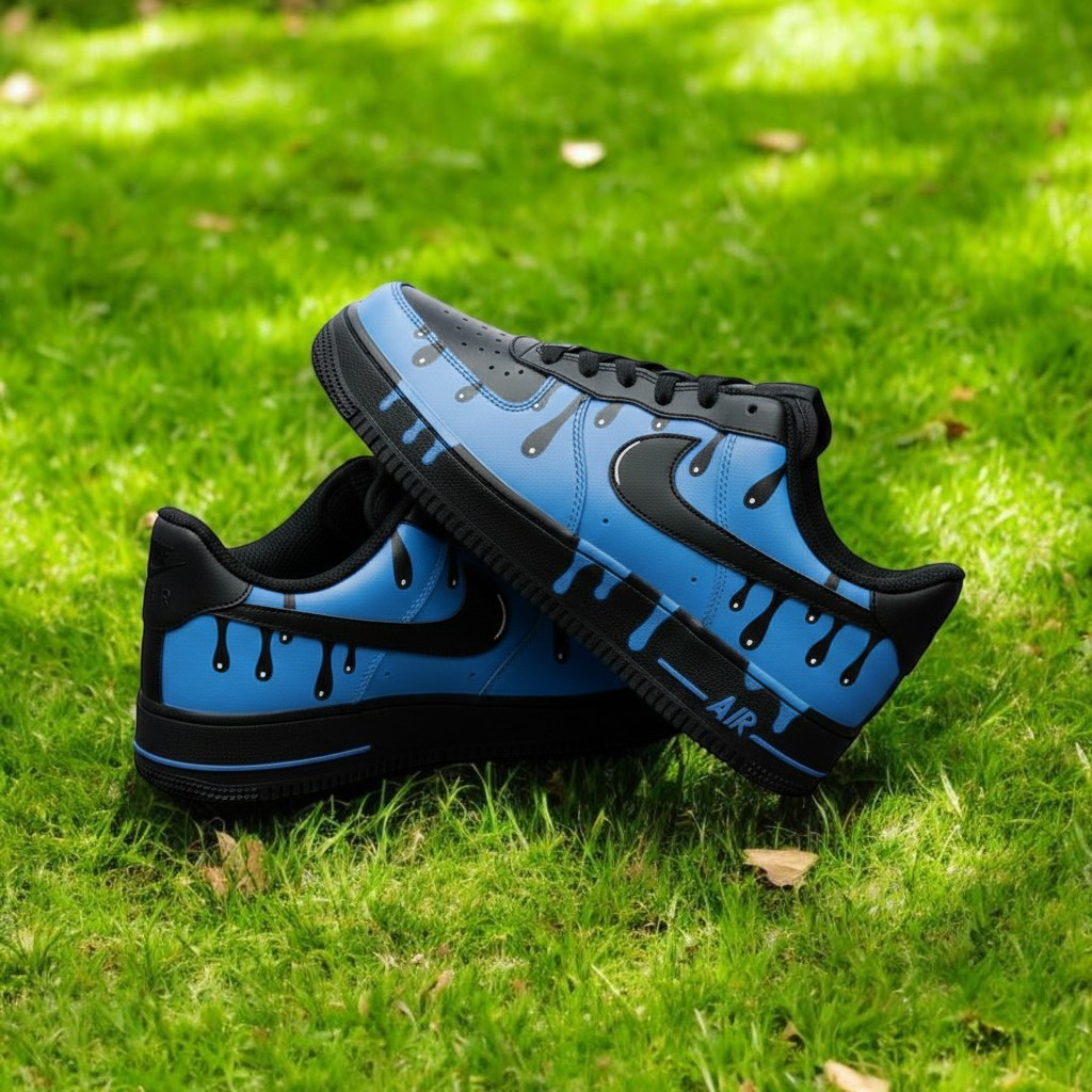 Black Blue Drip Custom Air Force 1 Sneakers, Hand Painted Black Blue Drip AF1 Shoes, Personalized Black AF1 Shoes - thumbnail