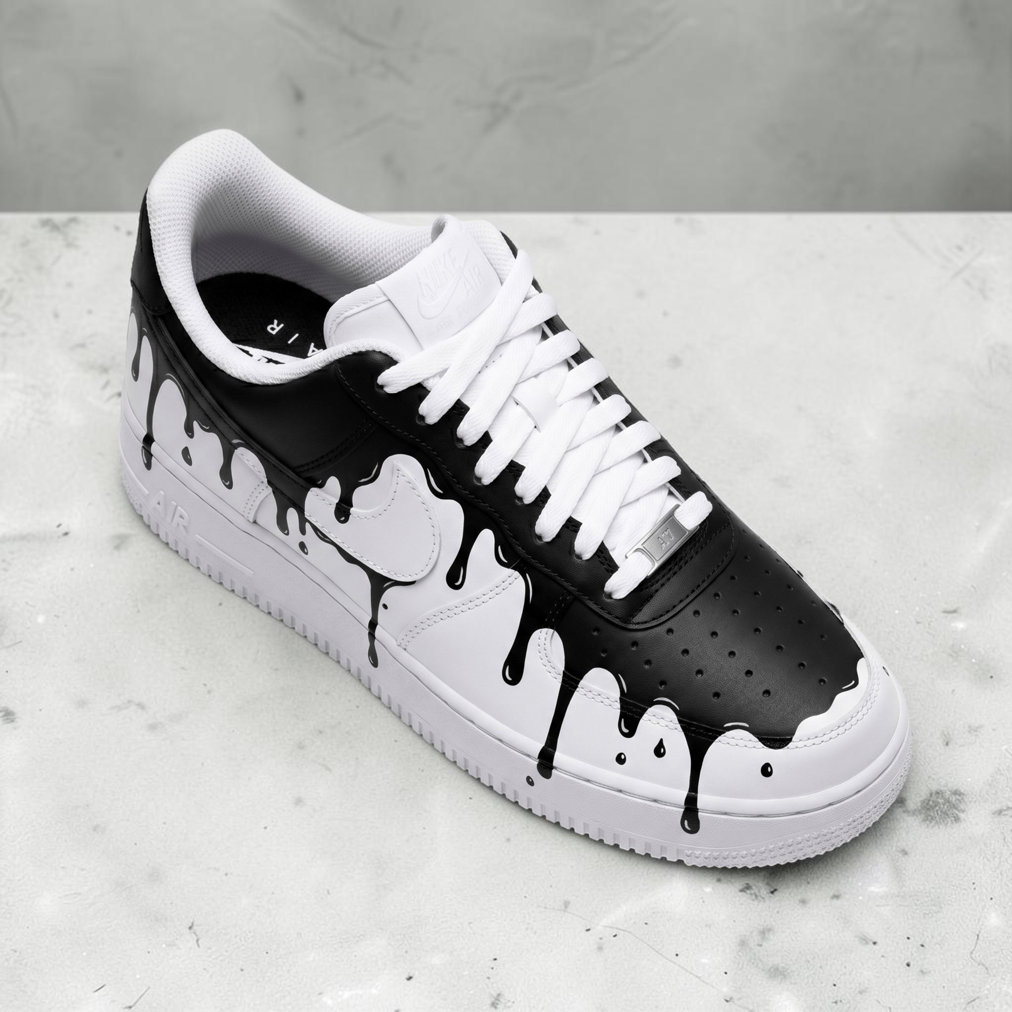 Custom Black and White Drip AF1 Sneakers, Hand Painted Melting AF1 Shoes, Unique White Sneakers Custom, Streetwear Style Shoes. - gallery image 2