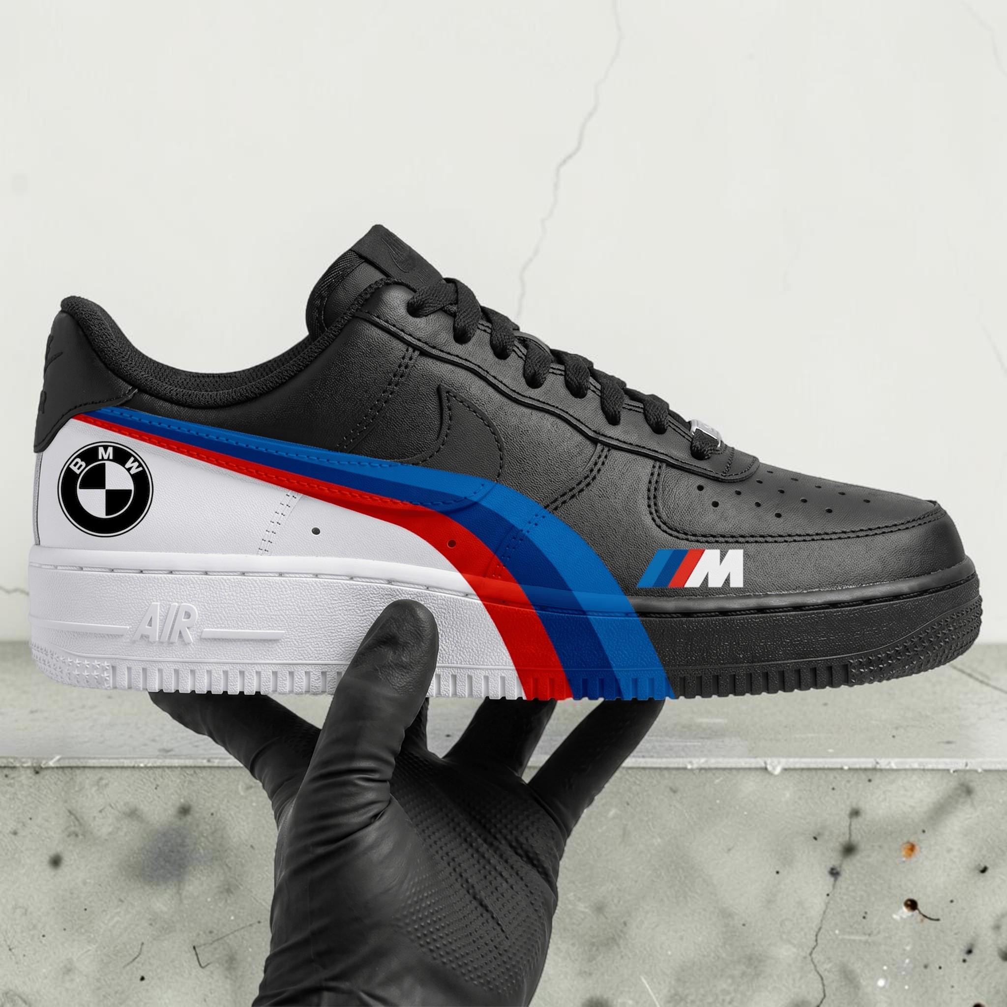 Hand Painted BMW AF1 Sneakers, Custom BMW-M Car Luxury Shoes, Racing Stripes Hand Painted Sneakers, Unique Sport Shoes. - gallery image 1