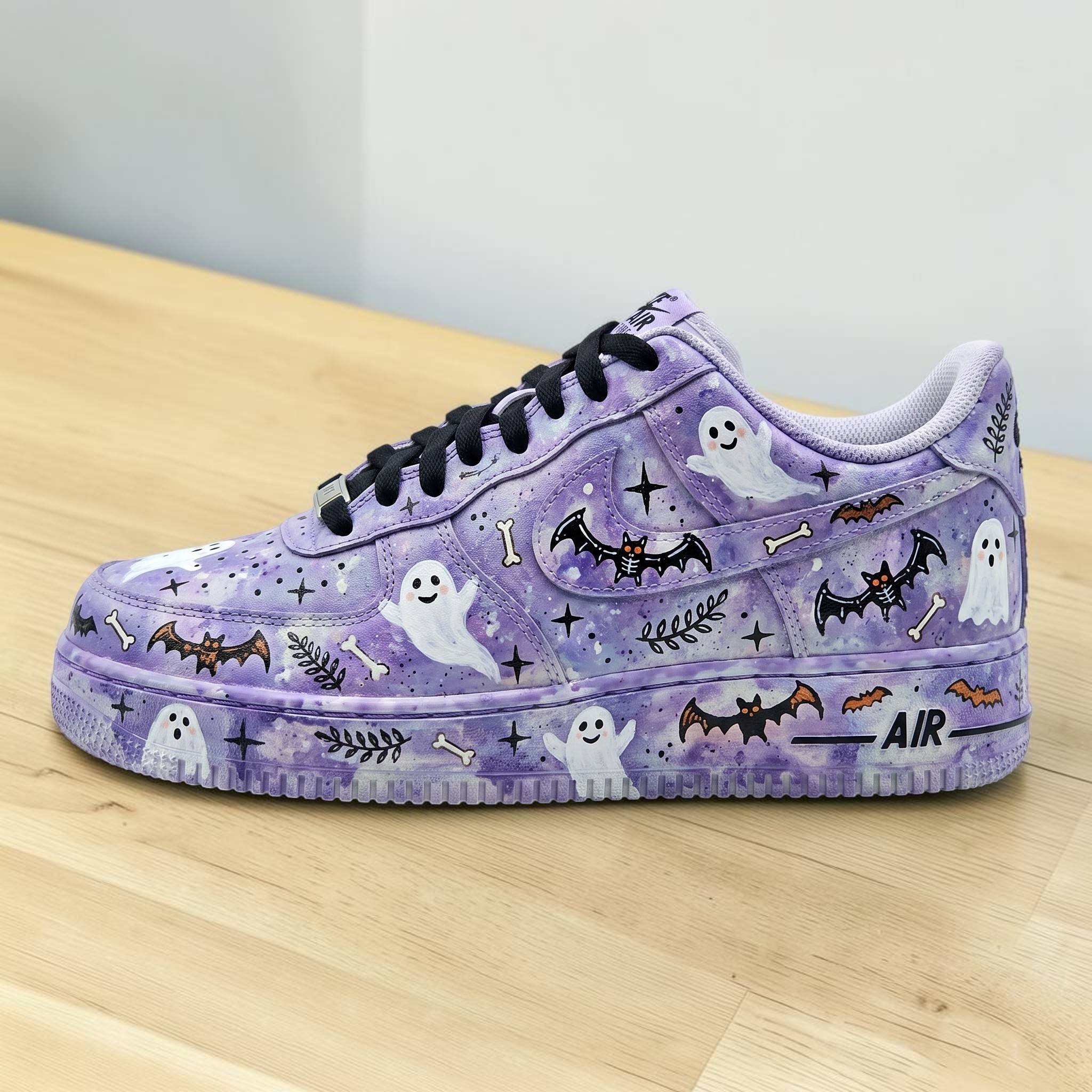 Hand Painted Cute Ghost Sneakers, Custom Pastel Purple Shoes, Spooky Halloween Bat Sneakers, Gift for Him Her. - gallery image 1