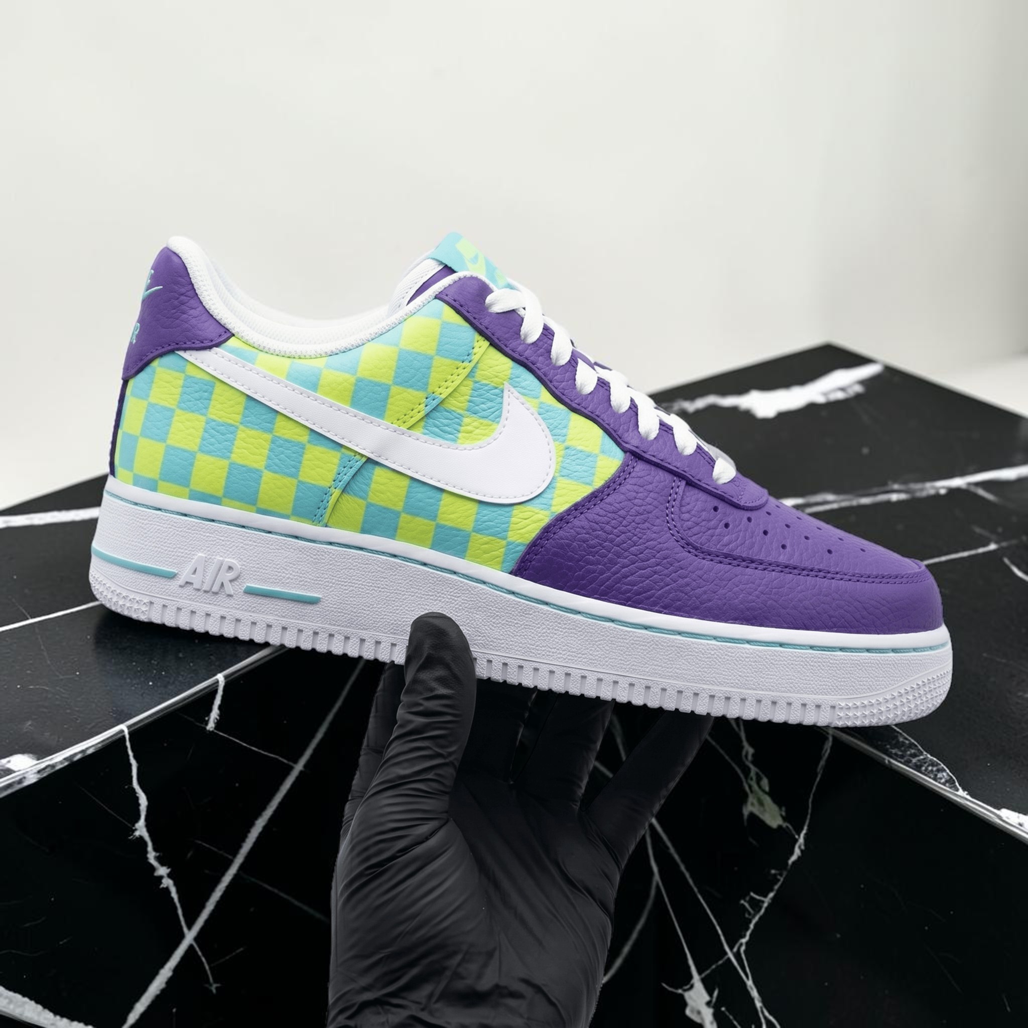 Custom Checkerboard Sneakers, Hand-Painted Purple and Green Checkered Design, Personalized Sneakers for Retro Lovers, Unique Art Shoes - gallery image 2
