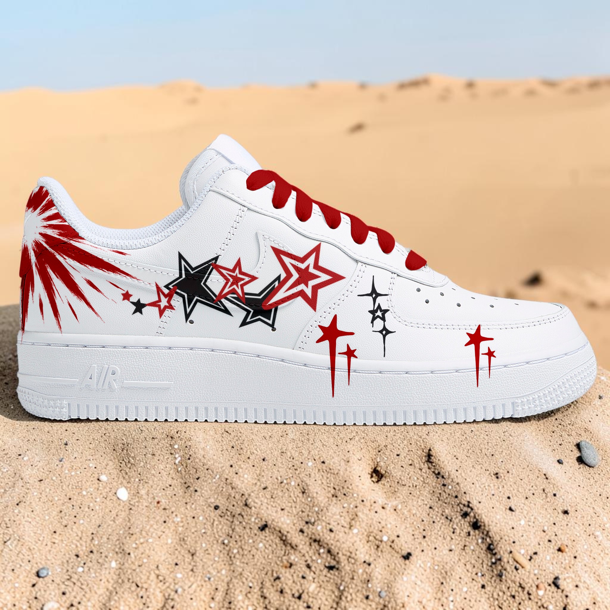Custom Star AF1 Sneakers, Hand Painted Style Red and Black Stars on White Shoes, Unique Gift for Sneakerheads. - thumbnail