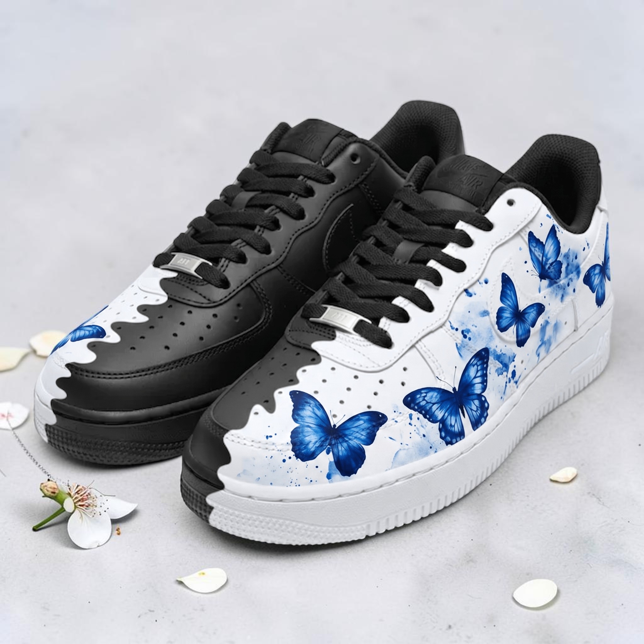 Custom Blue Butterfly AF1 Sneakers, Hand Painted Black and White Dual Tone Shoes, Unique Gift for Women and Teens. - gallery image 3
