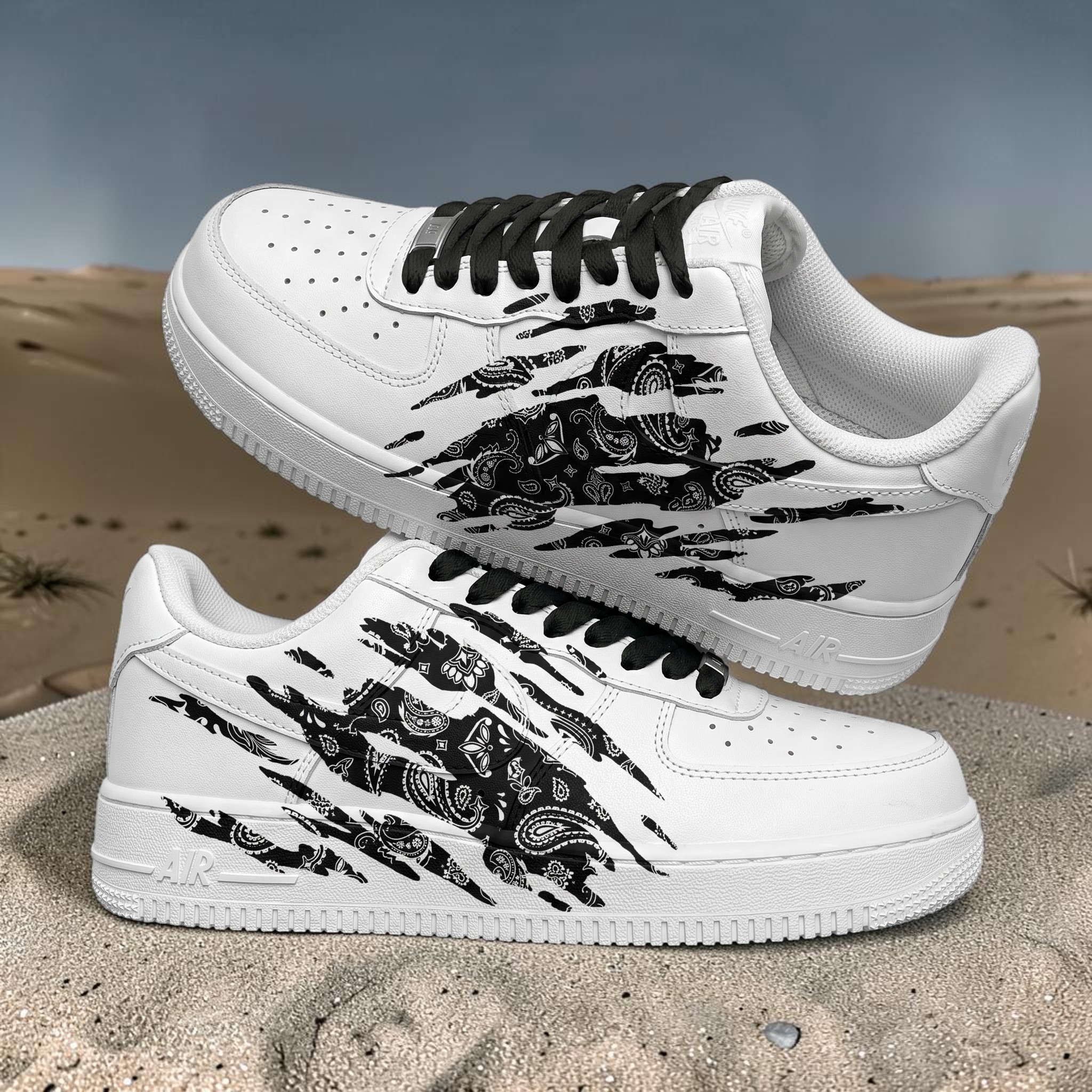 Custom Black Bandana AF1, Hand Painted Black Scratch Shoes, Bandana Scratch AF1 Sneakers, Unique Gift for Him Her. - gallery image 1