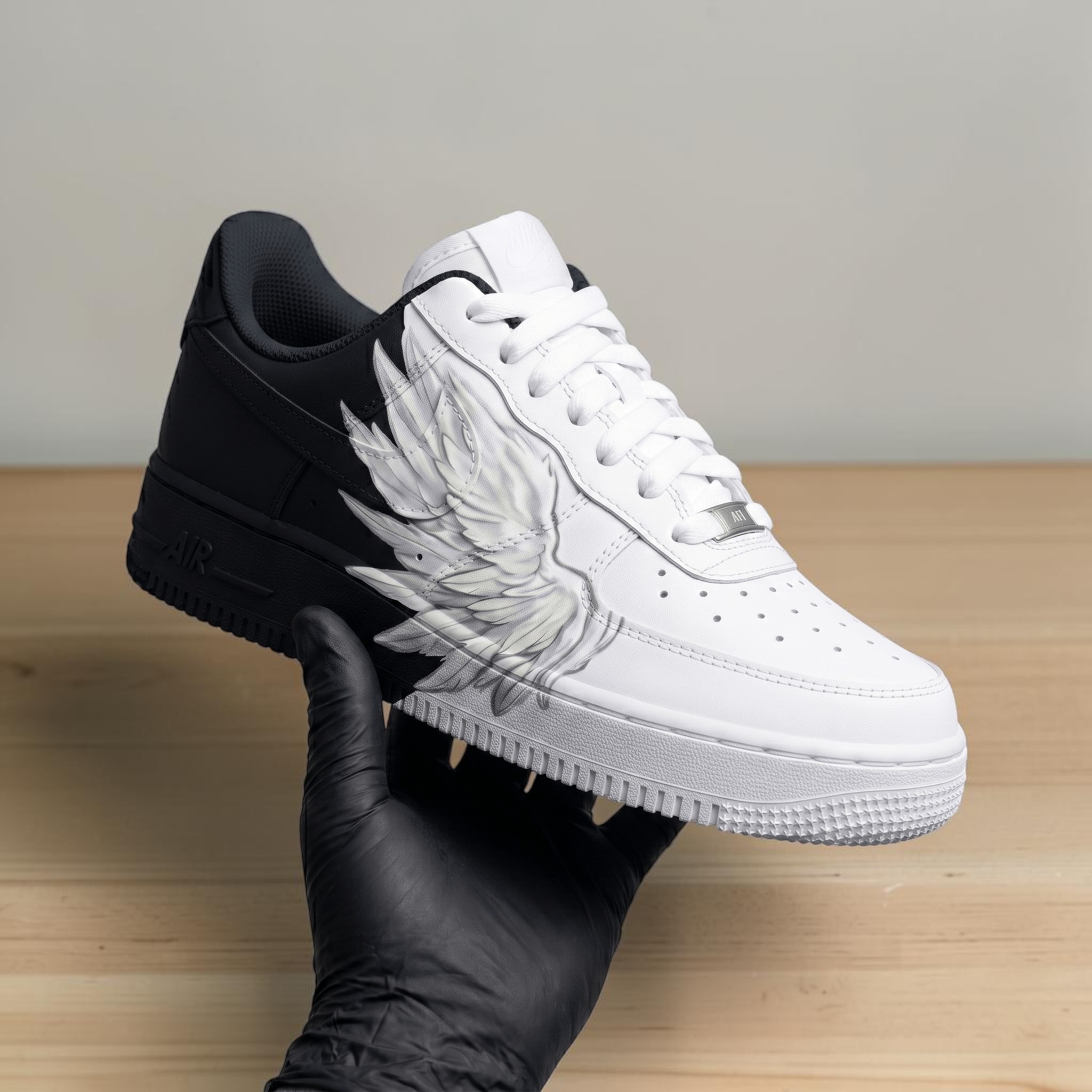 Custom Angel Wings AF1 Sneakers, Hand Painted Black and White Sneakers, Personalized Wing Design Footwear, Heavenly Wings Custom Shoes. - gallery image 1