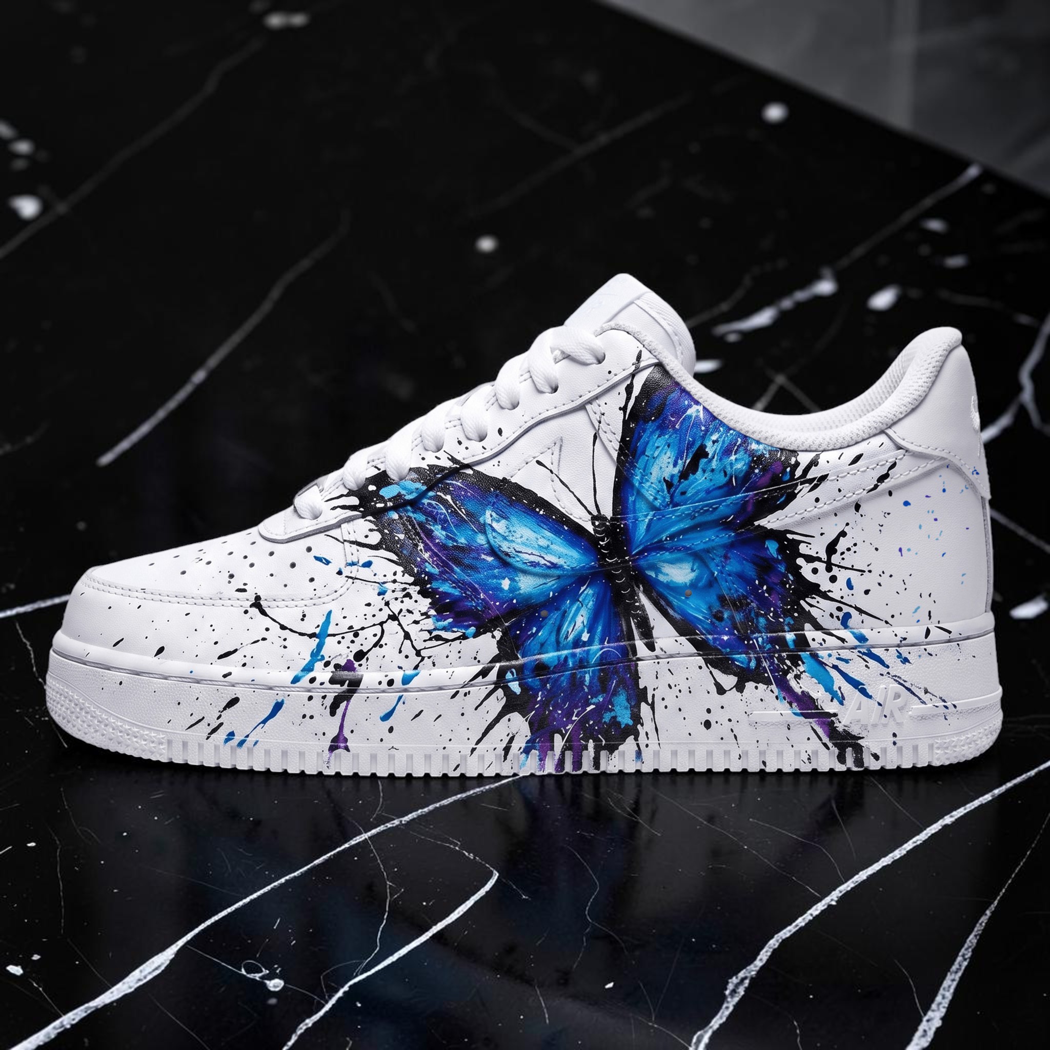 Custom Butterfly Sneakers, Hand-Painted Blue Butterfly Design, Personalized Sneakers with Abstract Art, Vibrant Butterfly Splash Art - gallery image 1