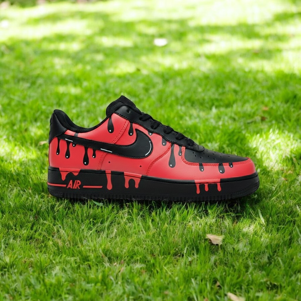 Black Red Drip Custom Air Force 1 Sneakers, Hand Painted Black Red Drip AF1 Shoes, Personalized Black AF1 Shoes - gallery image 2