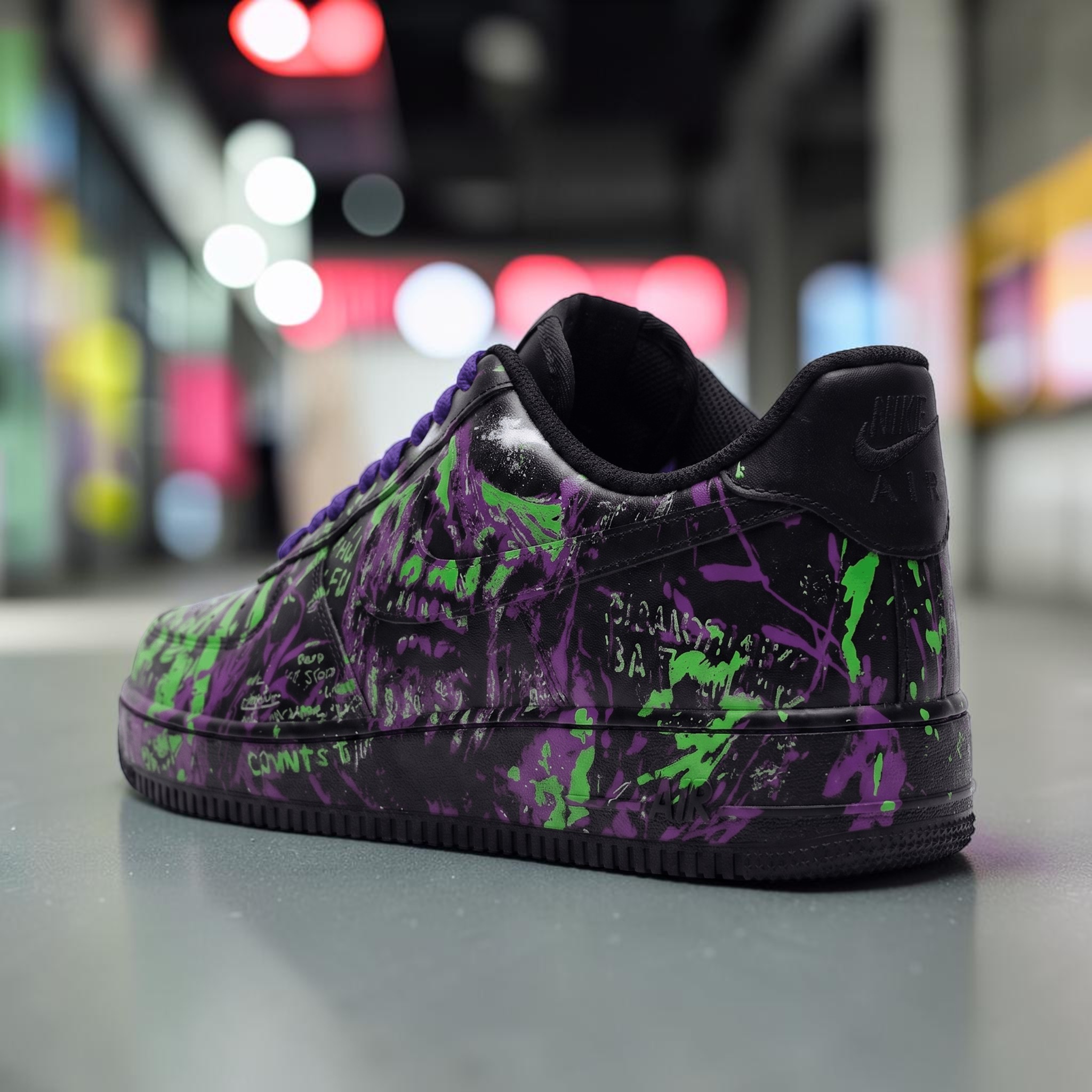 Custom Graffiti Purple and Green AF1 Sneakers, Black Splatter Shoes, Unique Dark Aesthetic Streetwear Sneaker. - gallery image 4