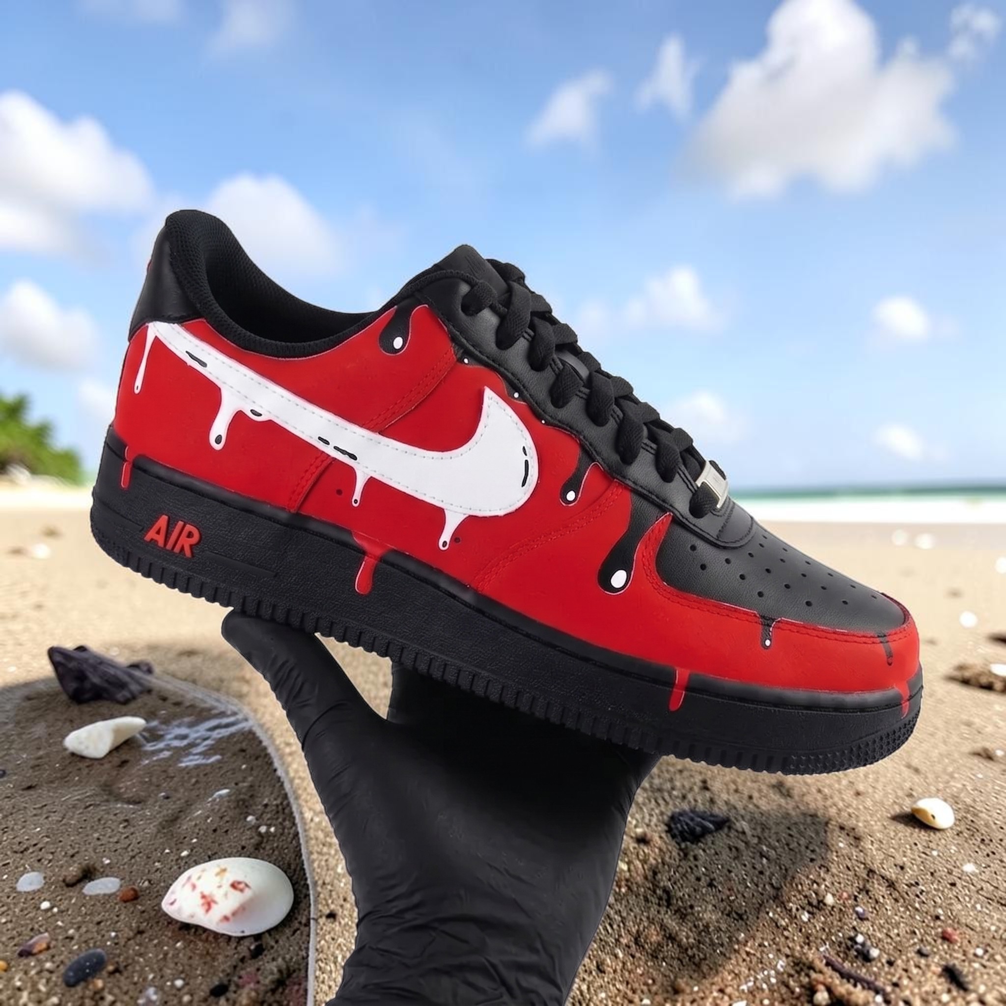Hand Painted Red Black Splatter Sneakers, Custom Black and Red Drip Sneakers, Unique Design Shoes, Personalized Gift for Him Her. - thumbnail