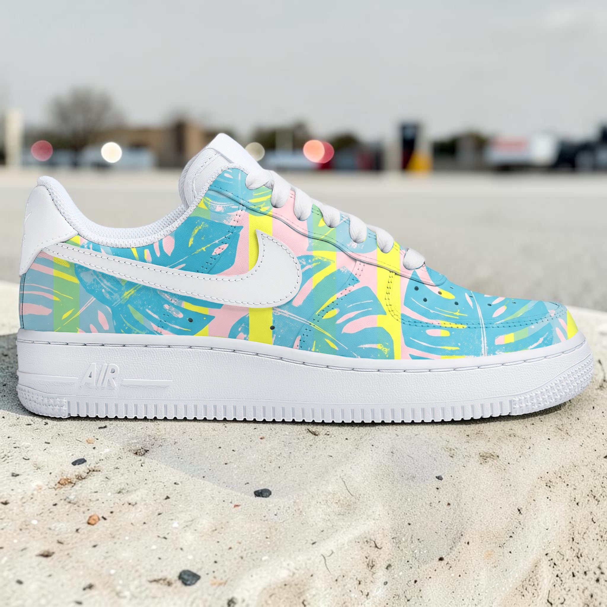 Custom Monstera Leaf AF1 Sneakers, Hand Painted Pastel Striped Summer White Shoes, Summer Vibes Custom Sneakers. - gallery image 1