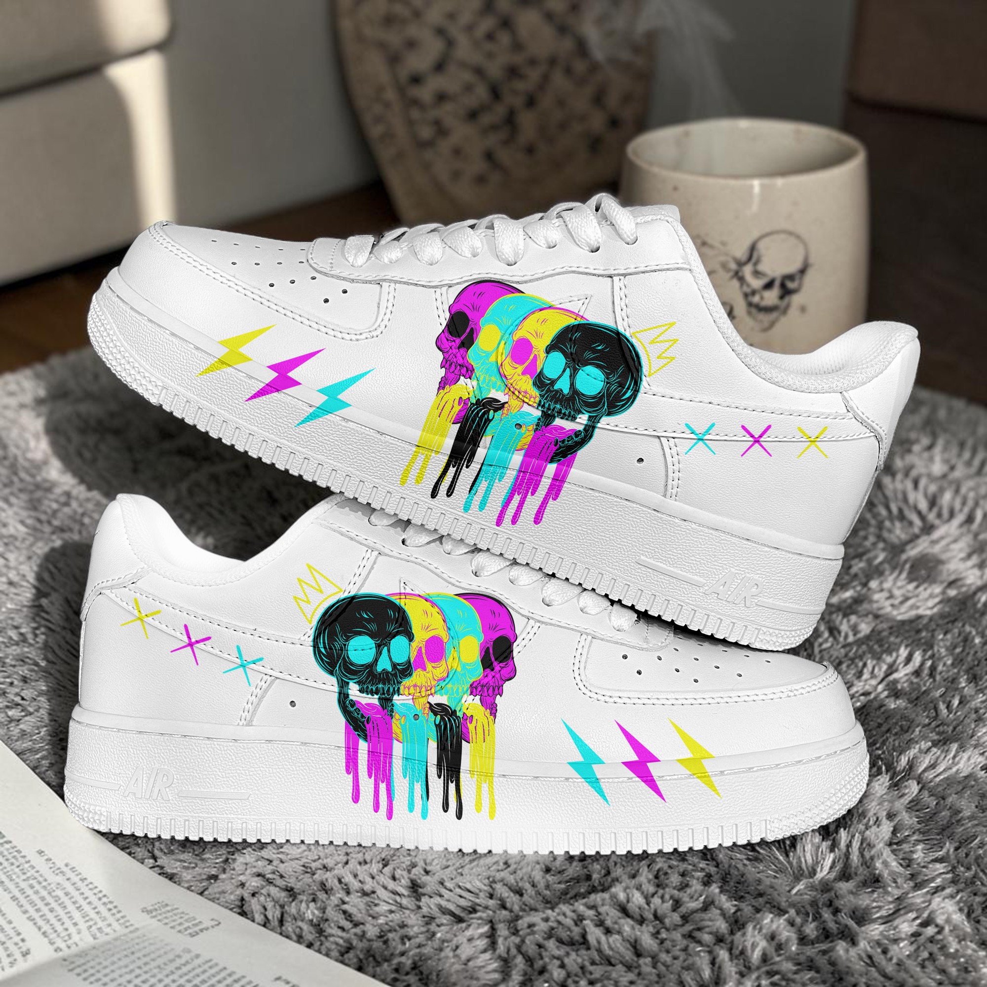 Custom Skull Drip AF1 Sneakers, Hand Painted Triple Skull AF1, Unique Colorful Streetwear Shoes, Gift for Him Her. - gallery image 1