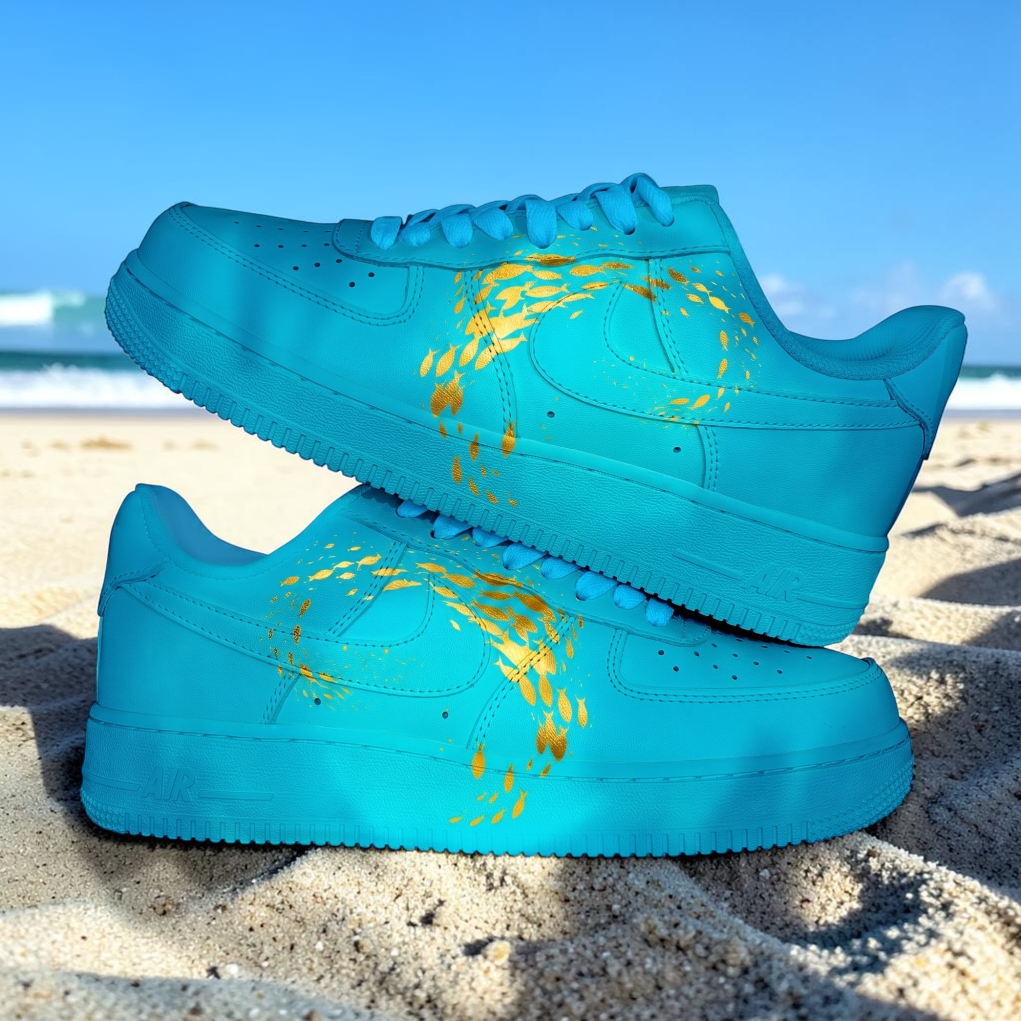 Custom Turquoise Ocean AF1 Sneakers , Hand Painted Golden Fish Shoes, Turquoise Blue & Gold AF1, Unique Gift for Sneakers Lovers. - gallery image 5