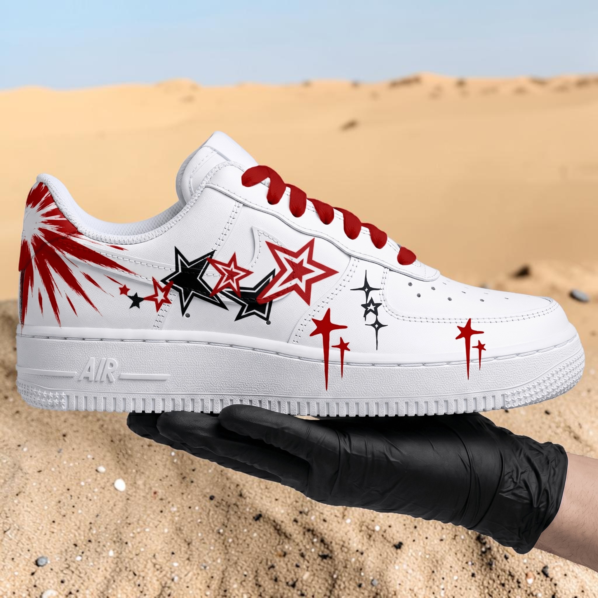 Custom Star AF1 Sneakers, Hand Painted Style Red and Black Stars on White Shoes, Unique Gift for Sneakerheads. - gallery image 2