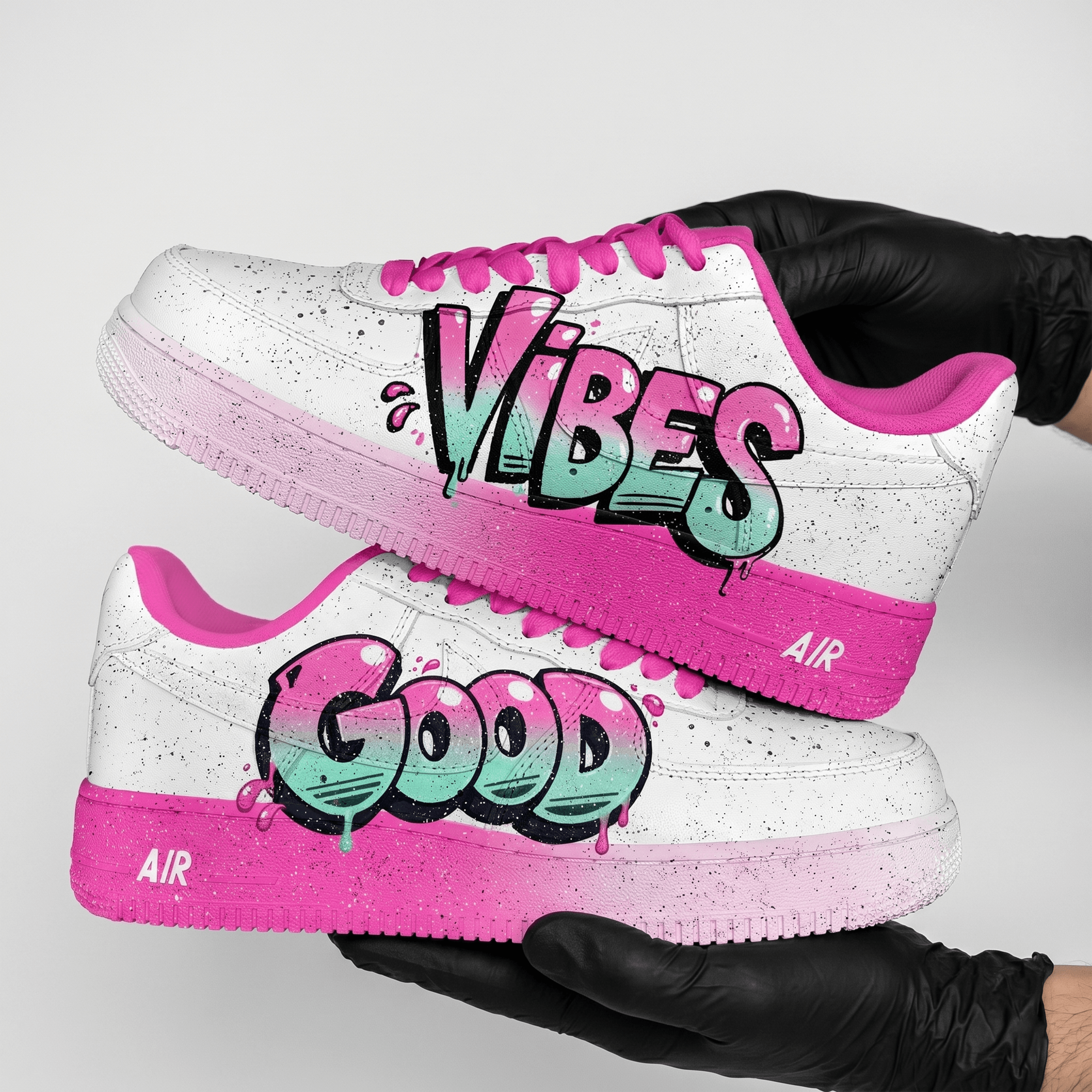 Hand Painted Good Vibes Graffiti AF1 Sneakers, Custom Hand Painted Pink Sneakers, Pink Splash Shoes, Personalized Gift for Teens & Women. - gallery image 3