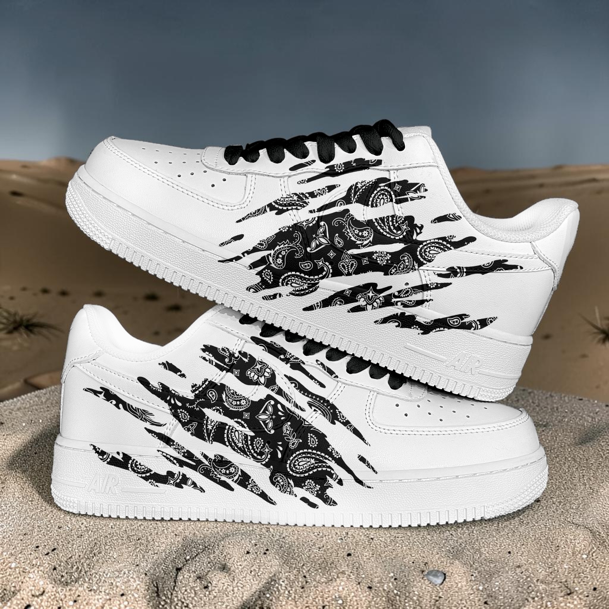 Custom Black Bandana AF1, Hand Painted Black Scratch Shoes, Bandana Scratch AF1 Sneakers, Unique Gift for Him Her. - thumbnail